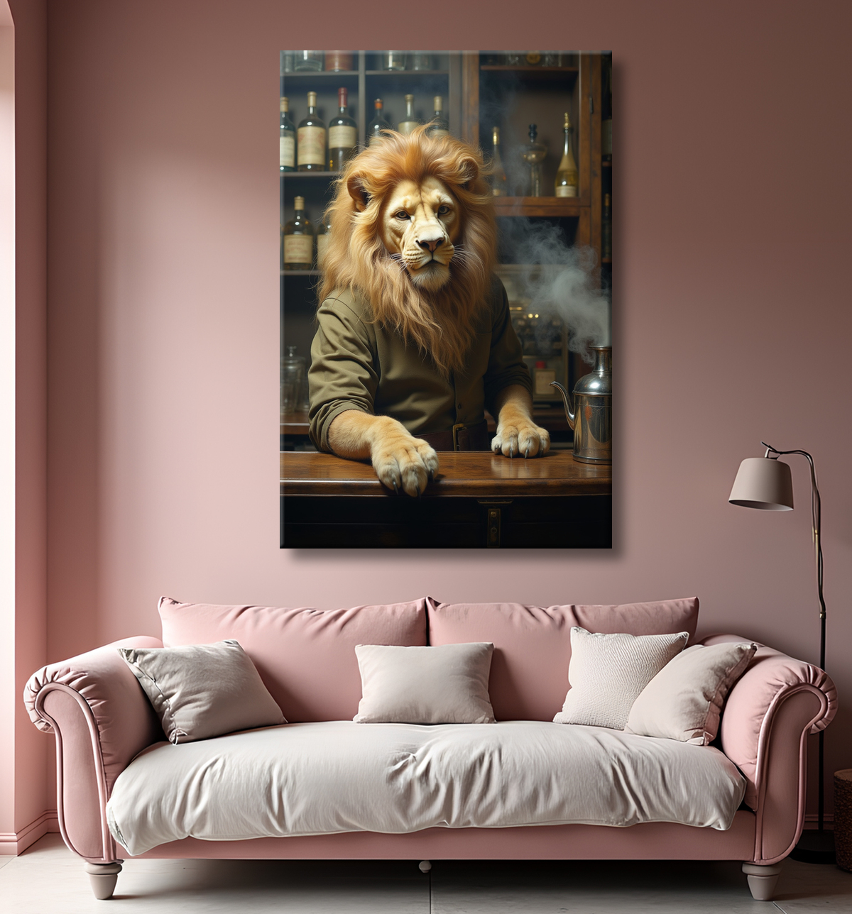 Tableau lion serveur vintage - Animal anthropomorphe chic dans un bar rétro avec decor