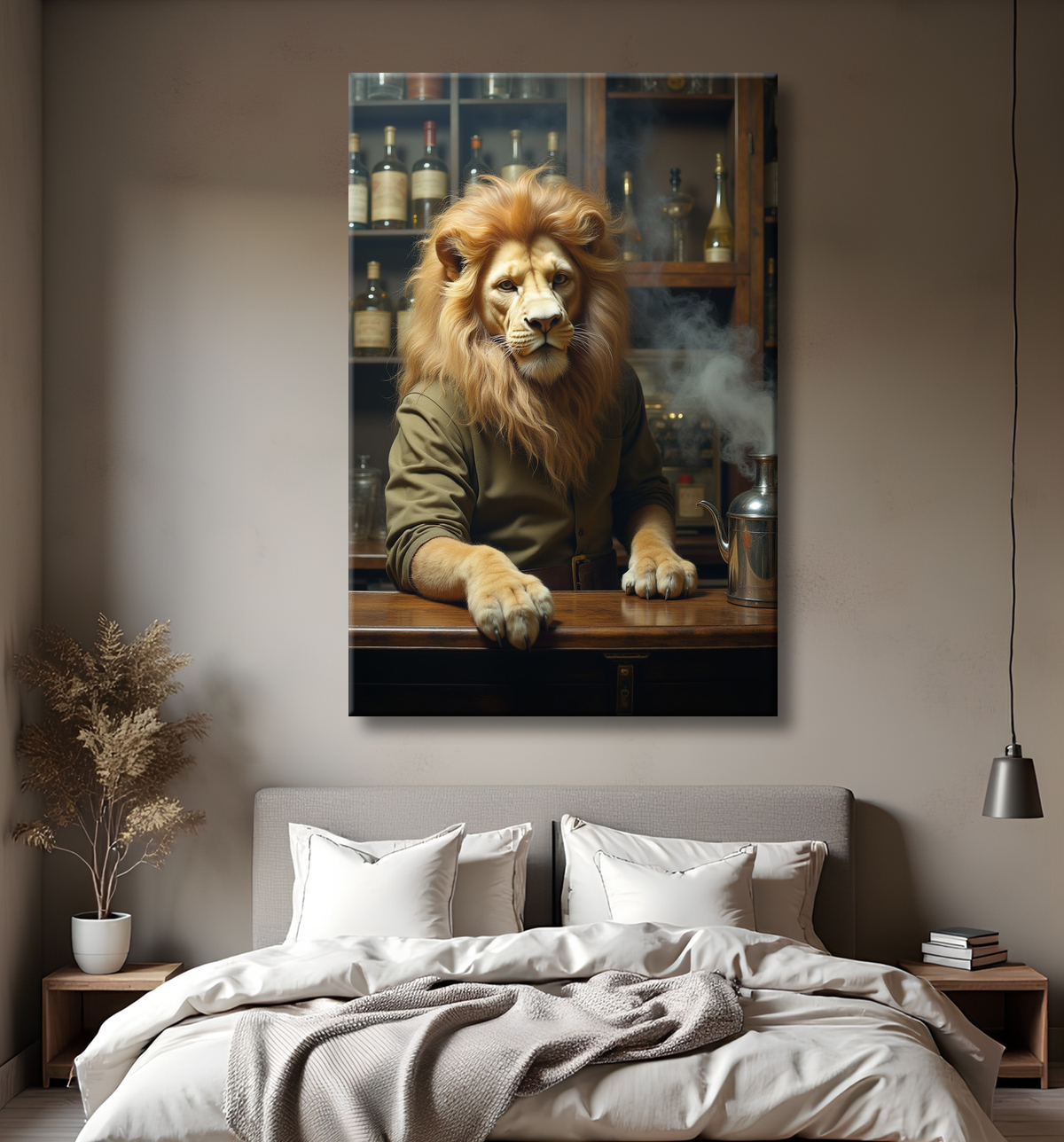 Tableau lion serveur vintage - Animal anthropomorphe chic dans un bar rétro avec decor