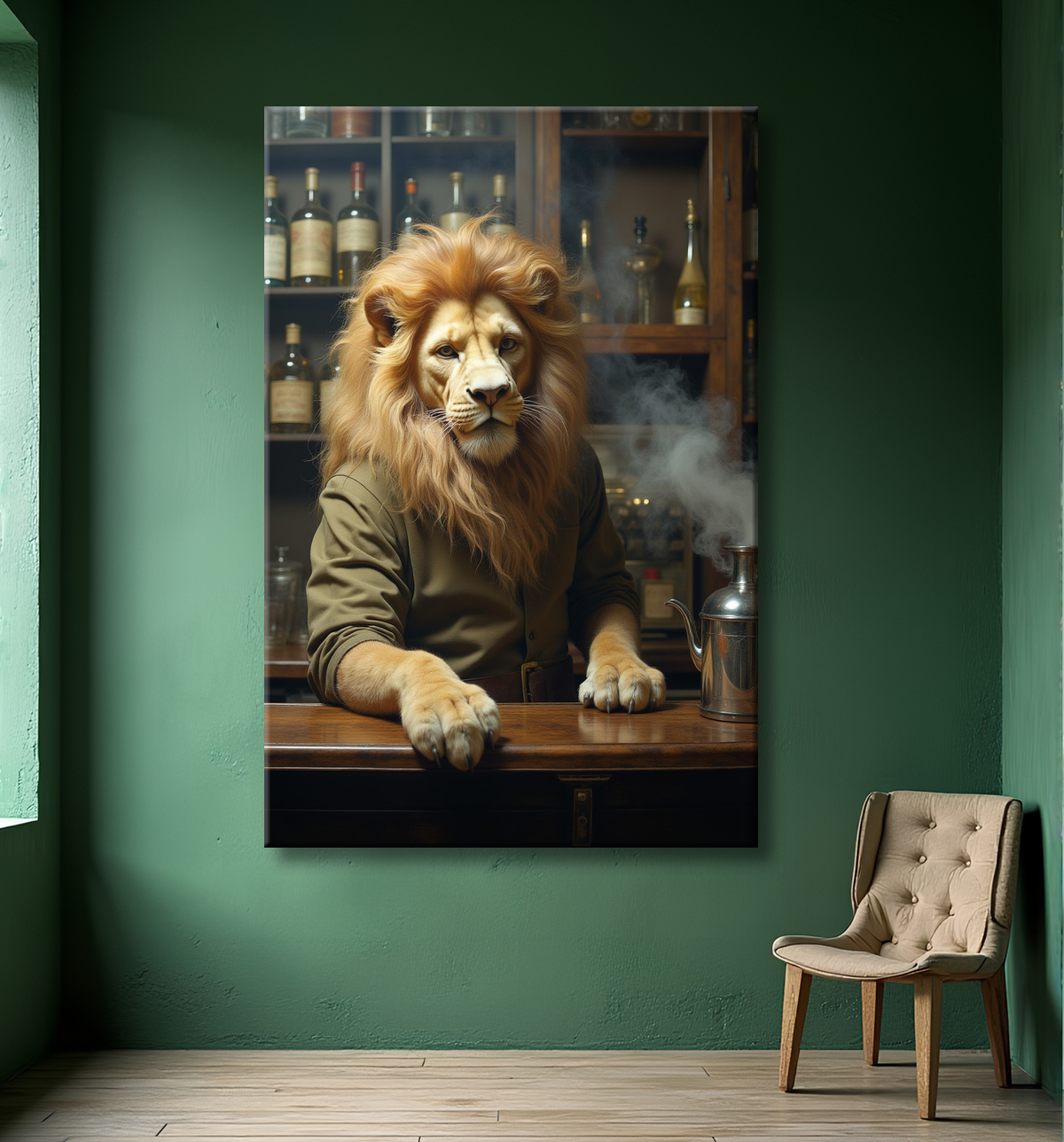 Tableau lion serveur vintage - Animal anthropomorphe chic dans un bar rétro avec decor