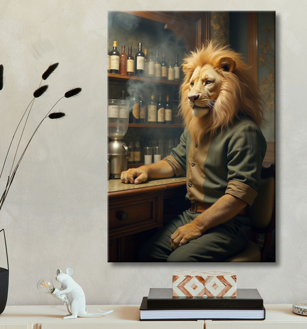 Tableau lion serveur vintage - Animal anthropomorphe chic dans un bar rétro avec decor