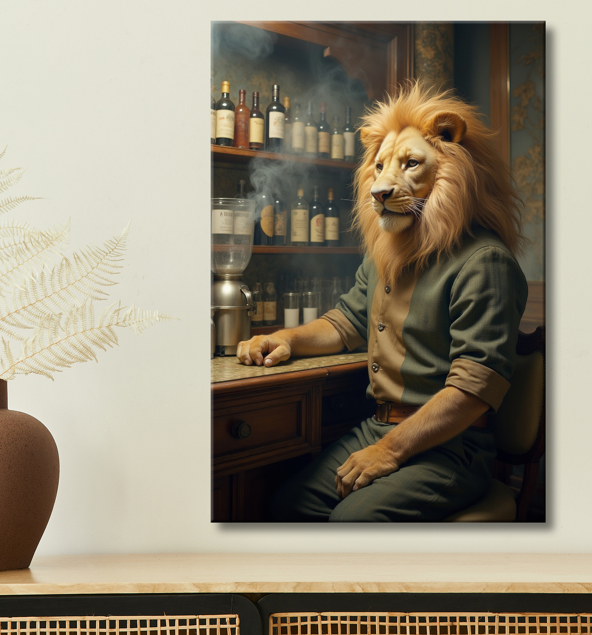 Tableau lion serveur vintage - Animal anthropomorphe chic dans un bar rétro avec decor