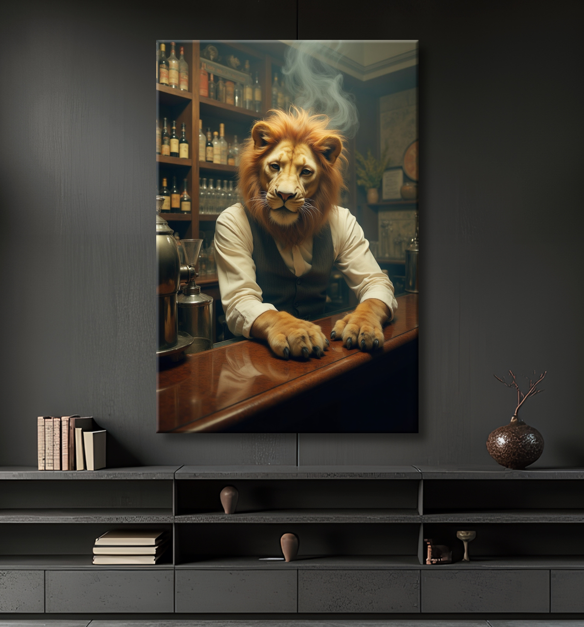 Tableau lion serveur vintage - Animal anthropomorphe chic dans un bar rétro avec decor