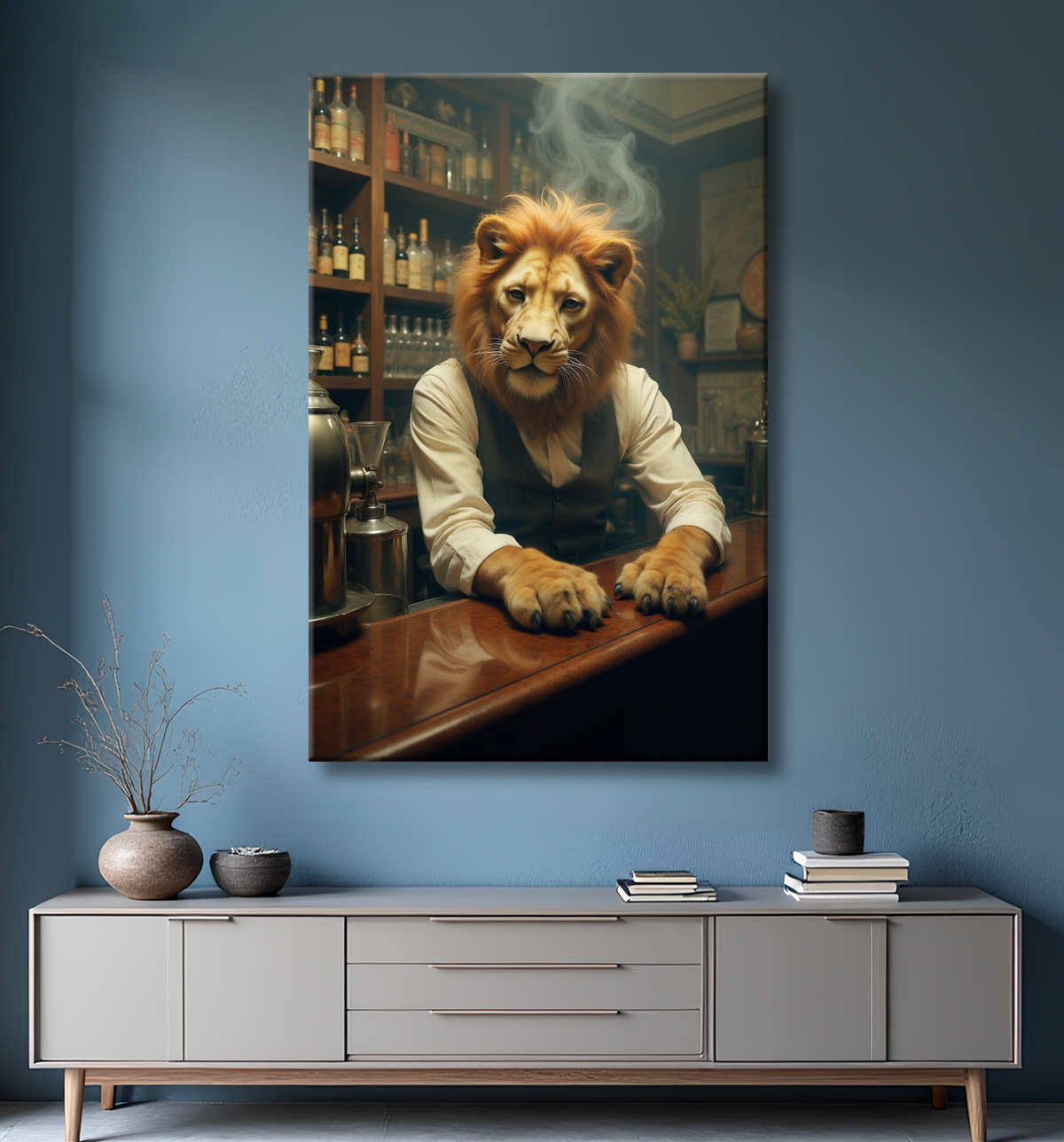 Tableau lion serveur vintage - Animal anthropomorphe chic dans un bar rétro avec decor