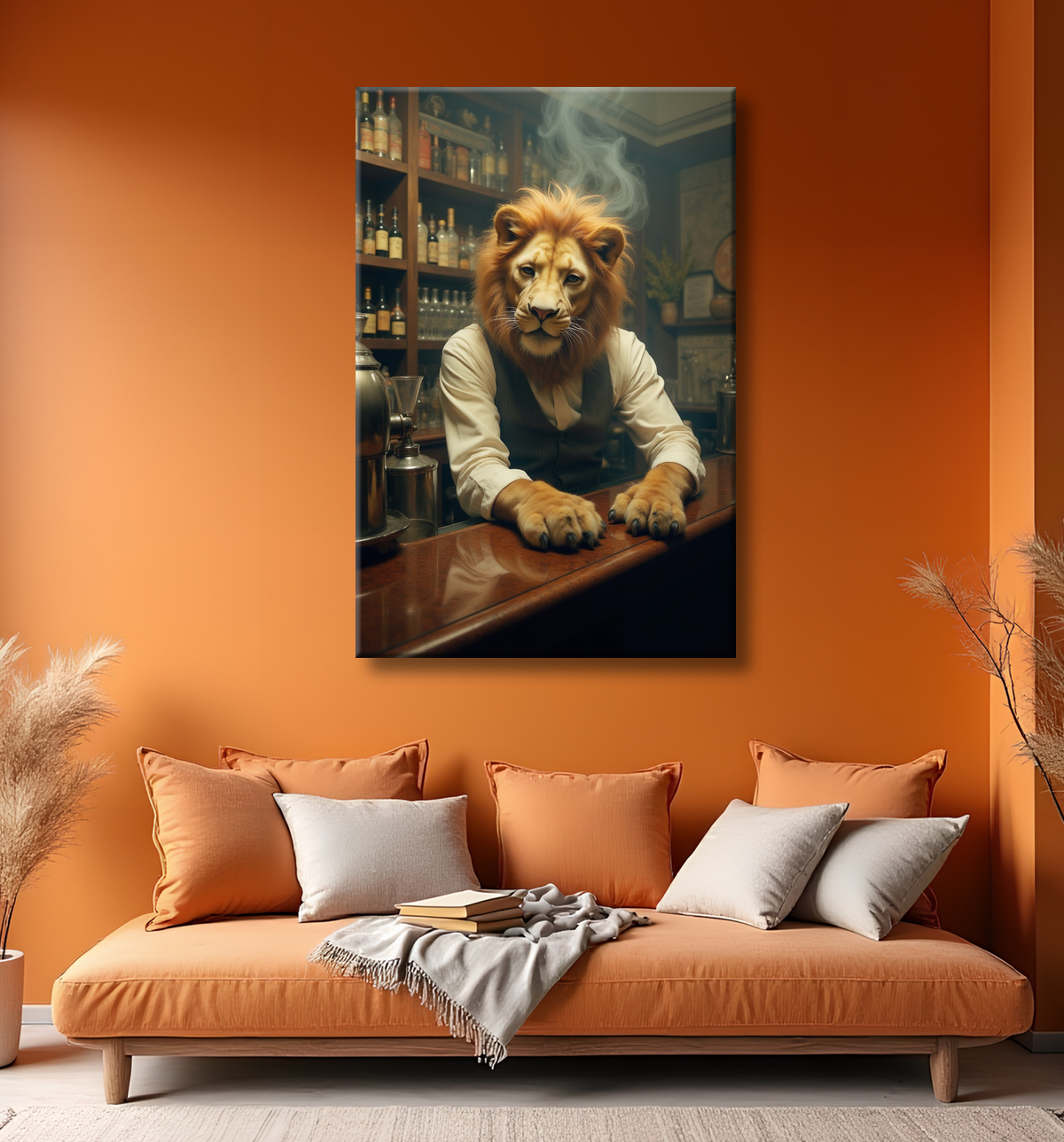 Tableau lion serveur vintage - Animal anthropomorphe chic dans un bar rétro avec decor