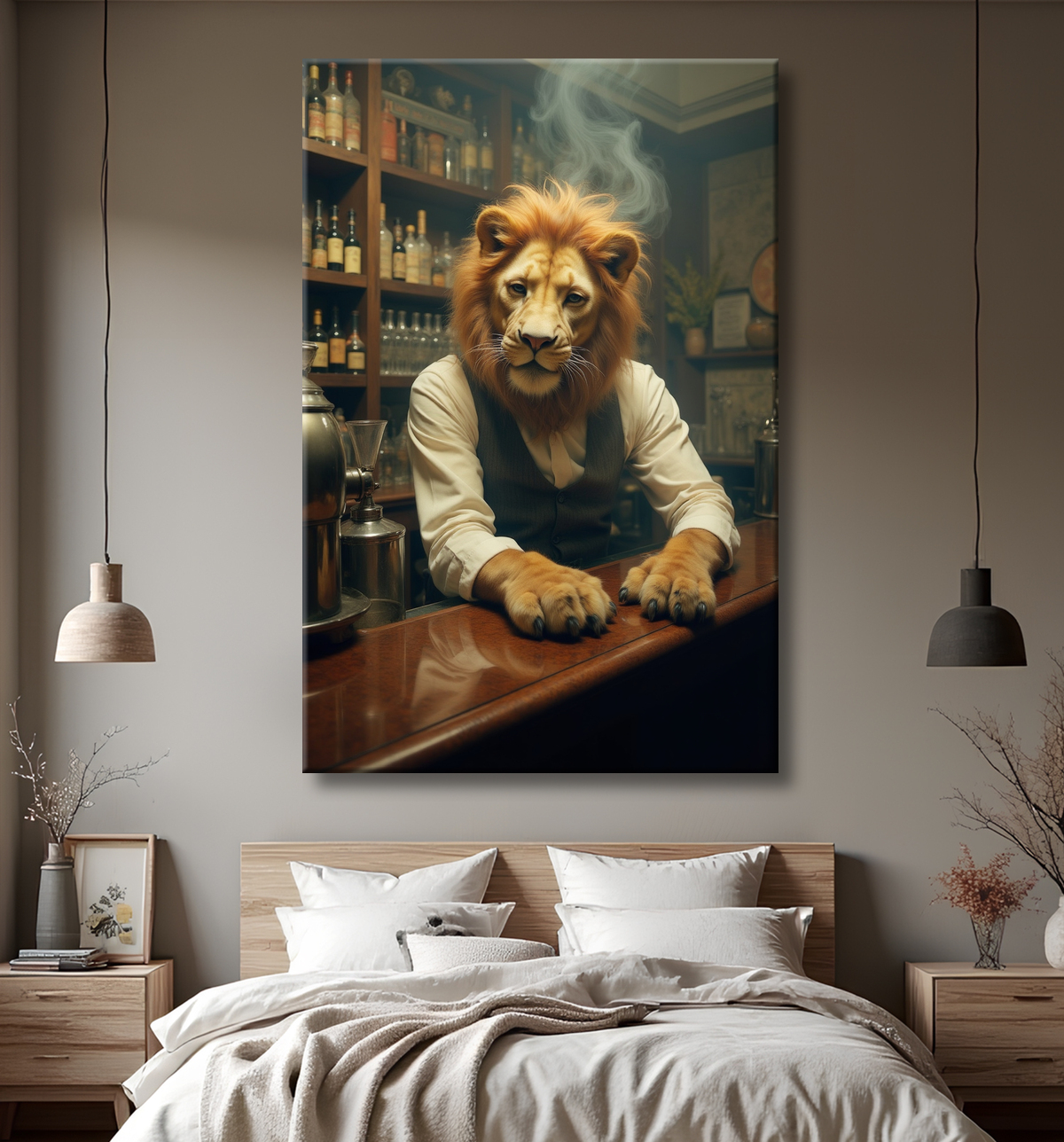 Tableau lion serveur vintage - Animal anthropomorphe chic dans un bar rétro avec decor