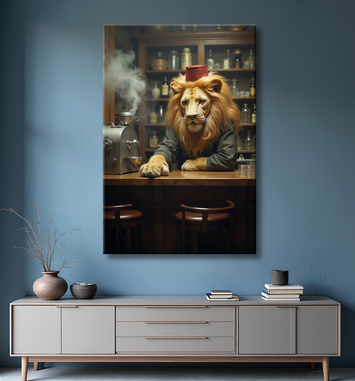 Tableau lion serveur vintage - Animal anthropomorphe chic dans un bar rétro avec decor