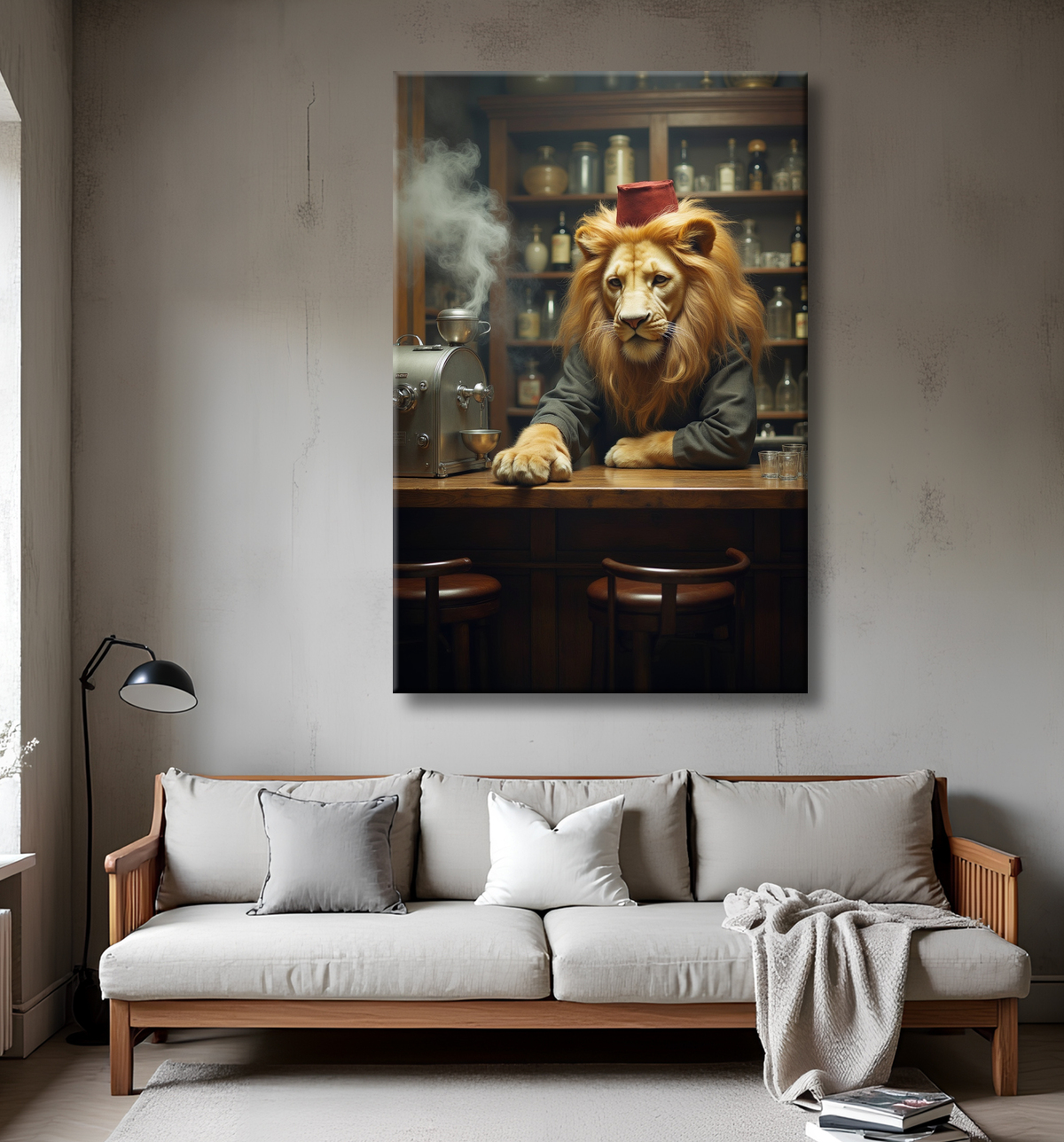 Tableau lion serveur vintage - Animal anthropomorphe chic dans un bar rétro avec decor