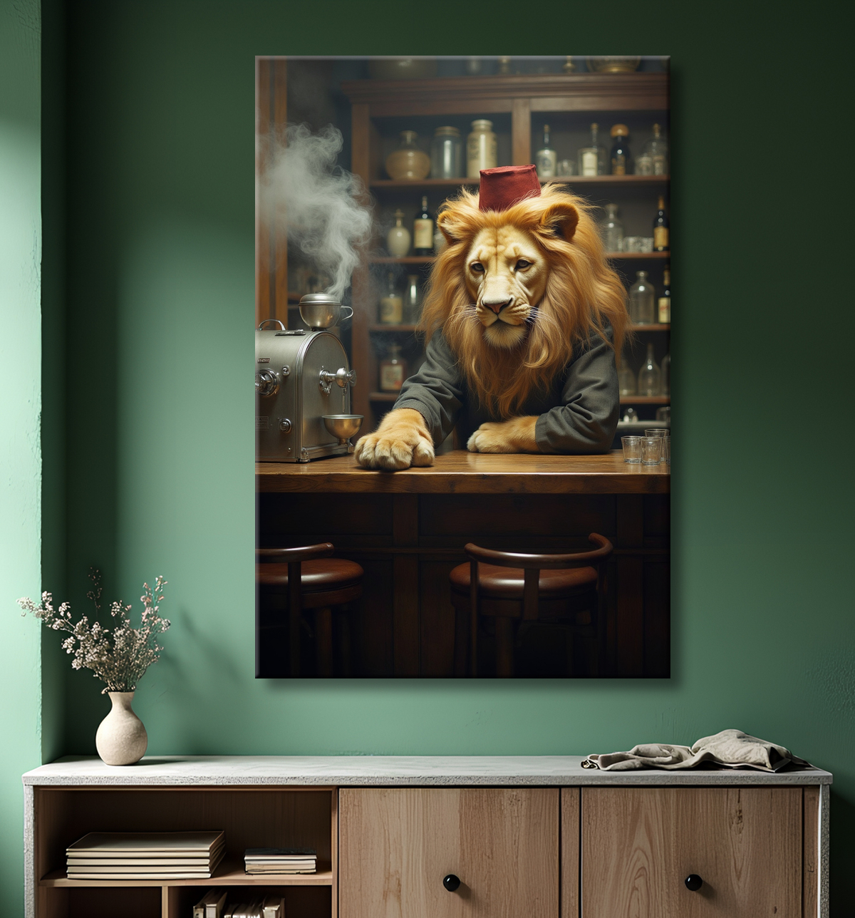 Tableau lion serveur vintage - Animal anthropomorphe chic dans un bar rétro avec decor