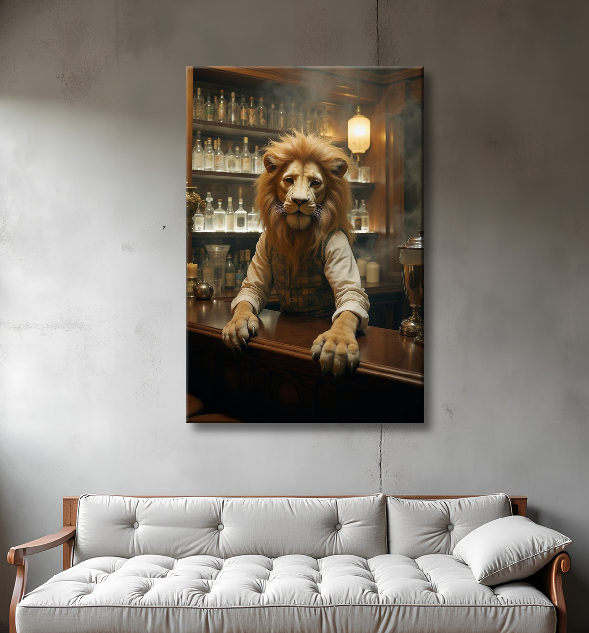 Tableau lion serveur vintage - Animal anthropomorphe chic dans un bar rétro avec decor