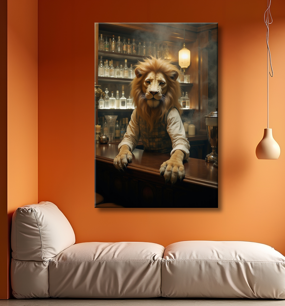 Tableau lion serveur vintage - Animal anthropomorphe chic dans un bar rétro avec decor