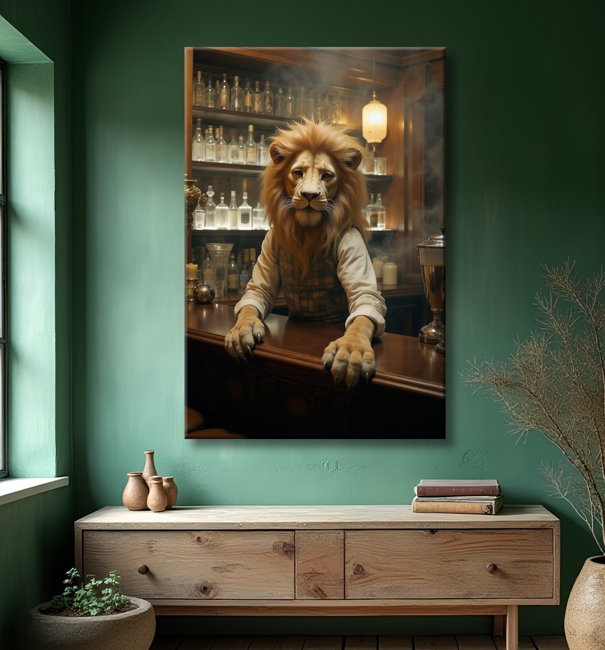Tableau lion serveur vintage - Animal anthropomorphe chic dans un bar rétro avec decor