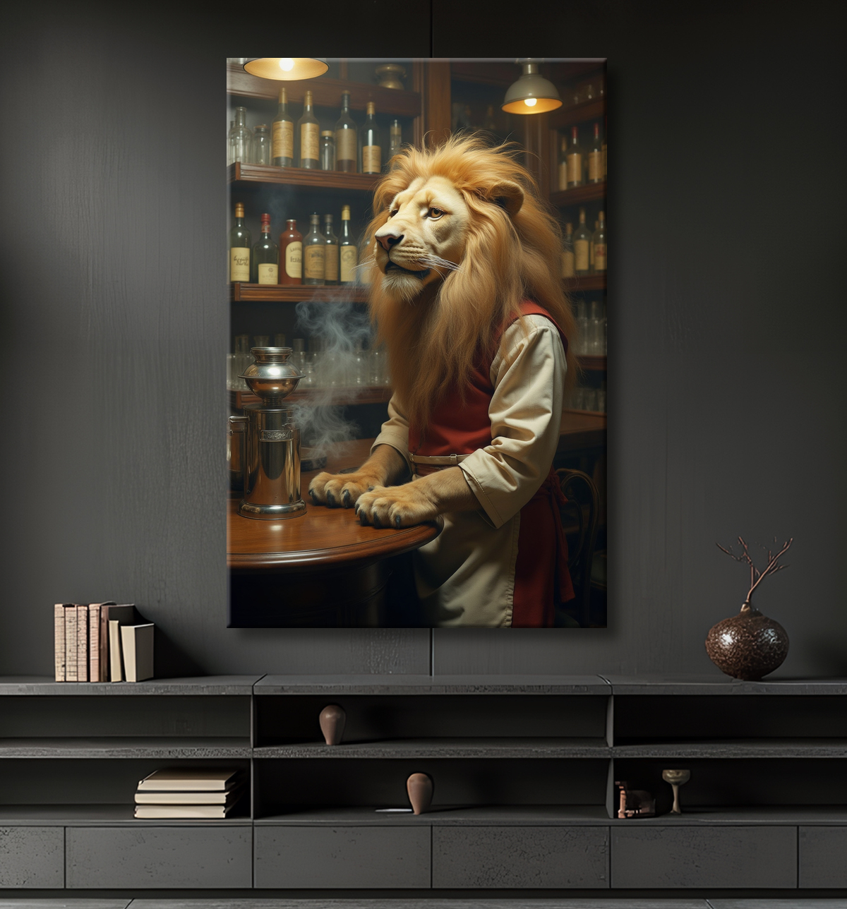 Tableau lion serveur vintage - Animal anthropomorphe chic dans un bar rétro avec decor