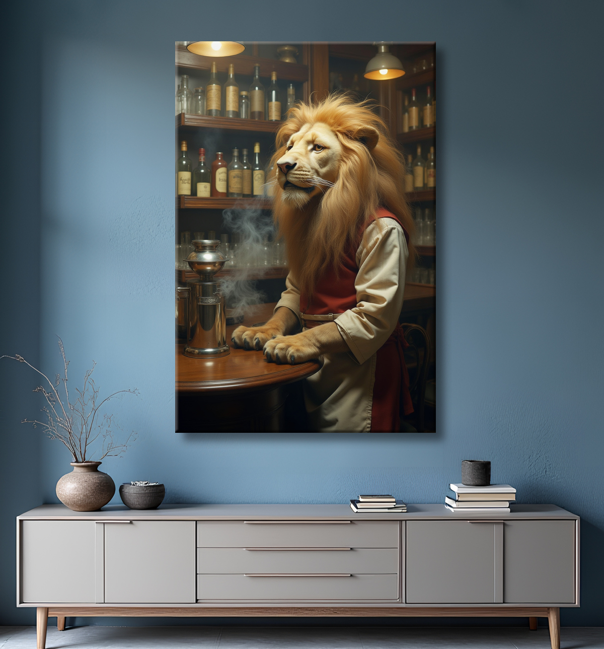 Tableau lion serveur vintage - Animal anthropomorphe chic dans un bar rétro avec decor