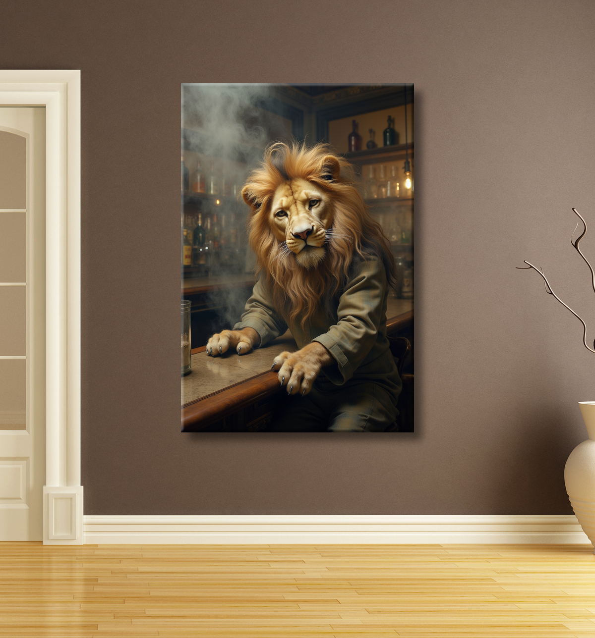 Tableau lion serveur vintage - Animal anthropomorphe chic dans un bar rétro avec decor