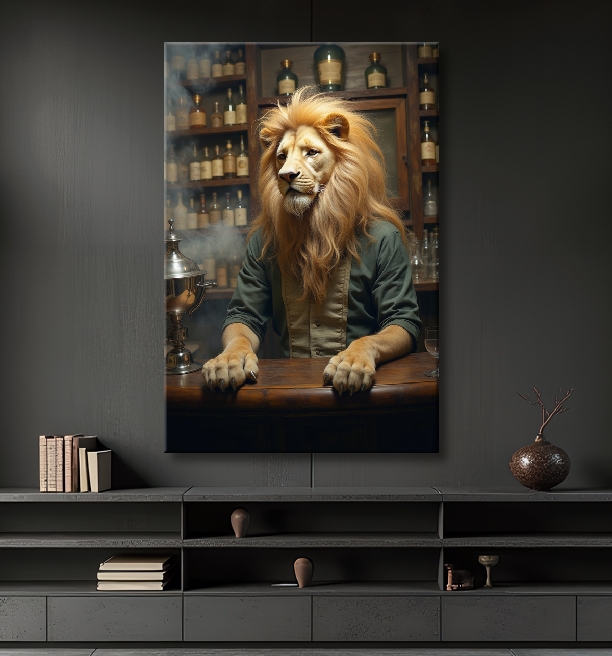 Tableau lion serveur vintage - Animal anthropomorphe chic dans un bar rétro avec decor