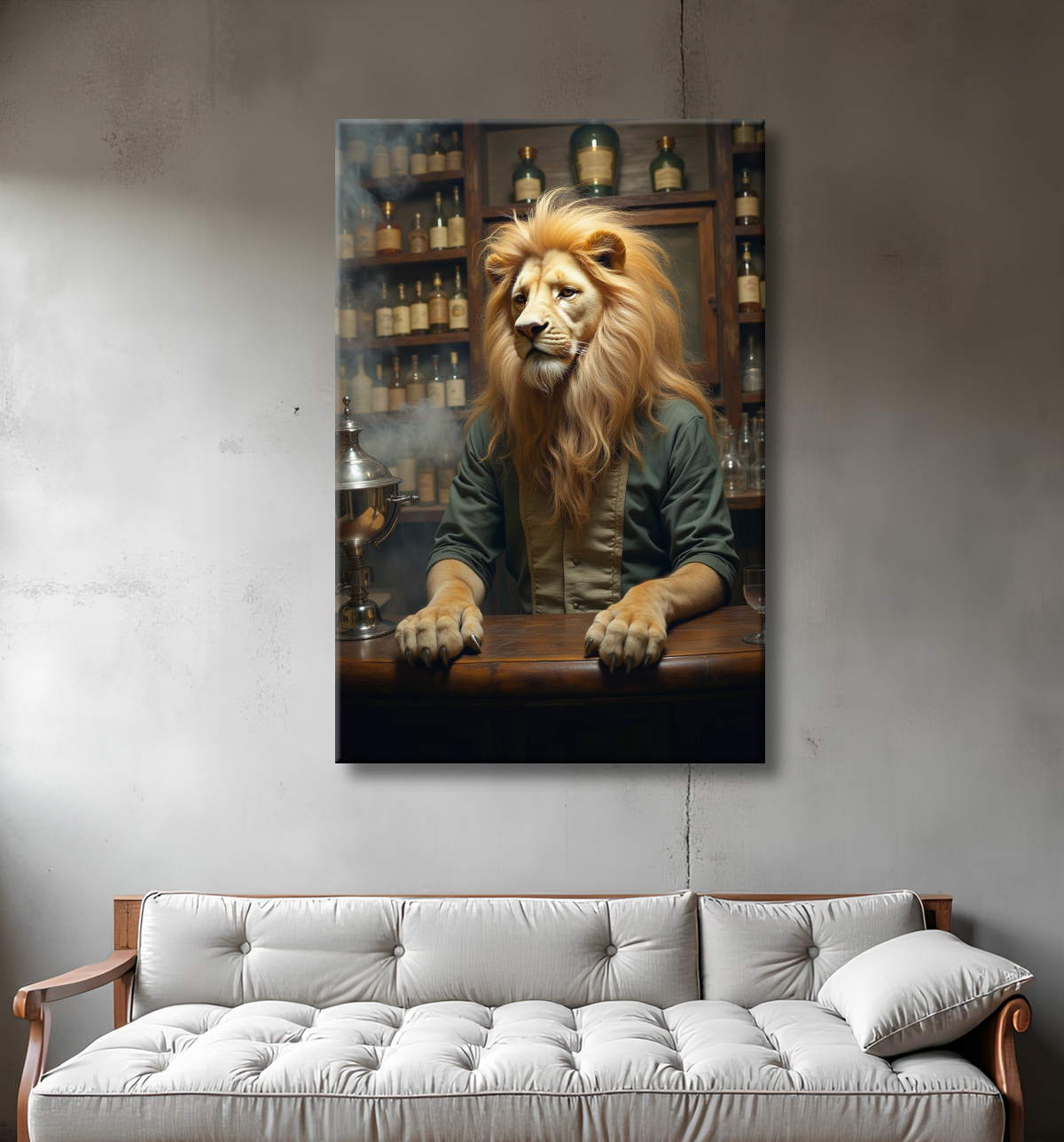 Tableau lion serveur vintage - Animal anthropomorphe chic dans un bar rétro avec decor