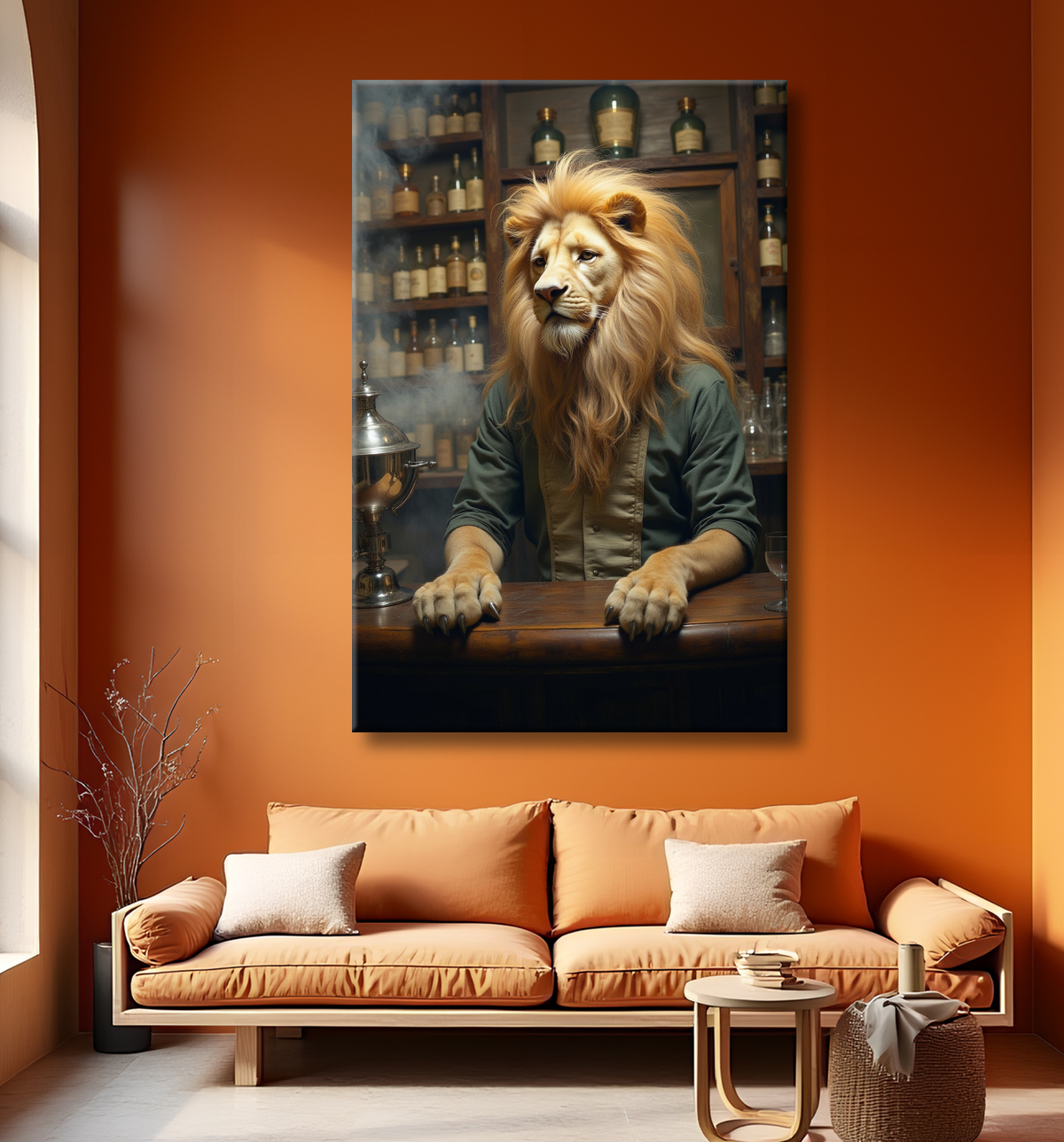 Tableau lion serveur vintage - Animal anthropomorphe chic dans un bar rétro avec decor