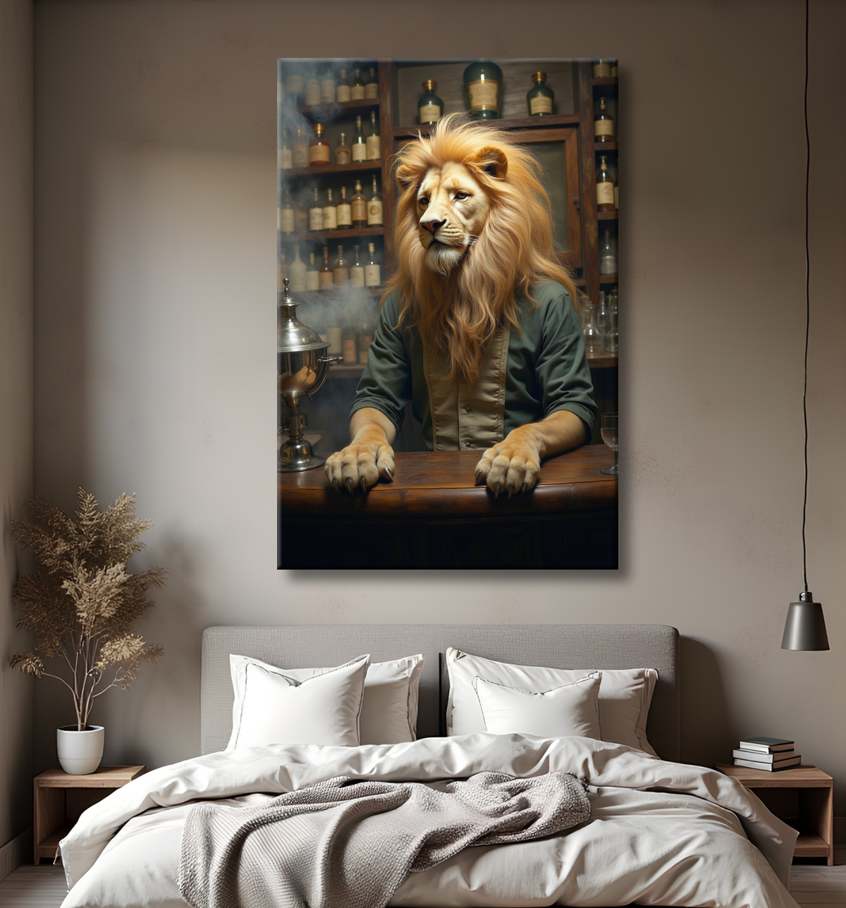 Tableau lion serveur vintage - Animal anthropomorphe chic dans un bar rétro avec decor