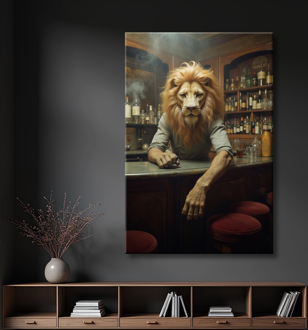 Tableau lion serveur vintage - Animal anthropomorphe chic dans un bar rétro avec decor