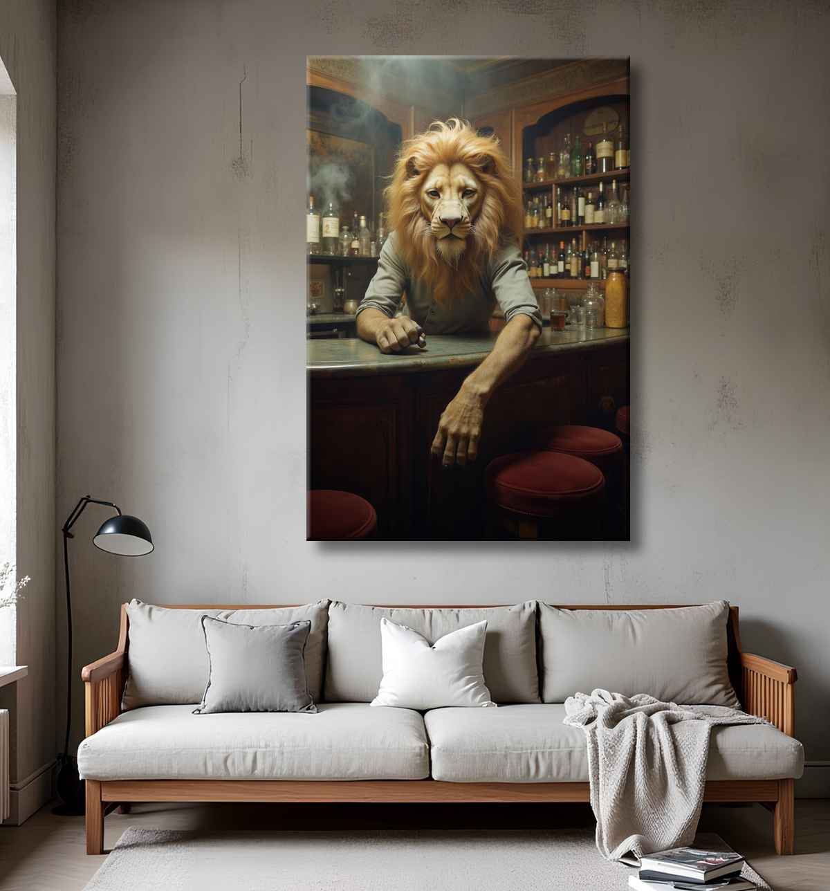 Tableau lion serveur vintage - Animal anthropomorphe chic dans un bar rétro avec decor
