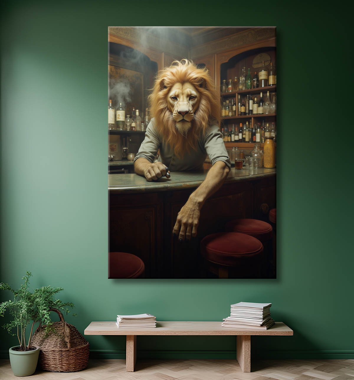 Tableau lion serveur vintage - Animal anthropomorphe chic dans un bar rétro avec decor