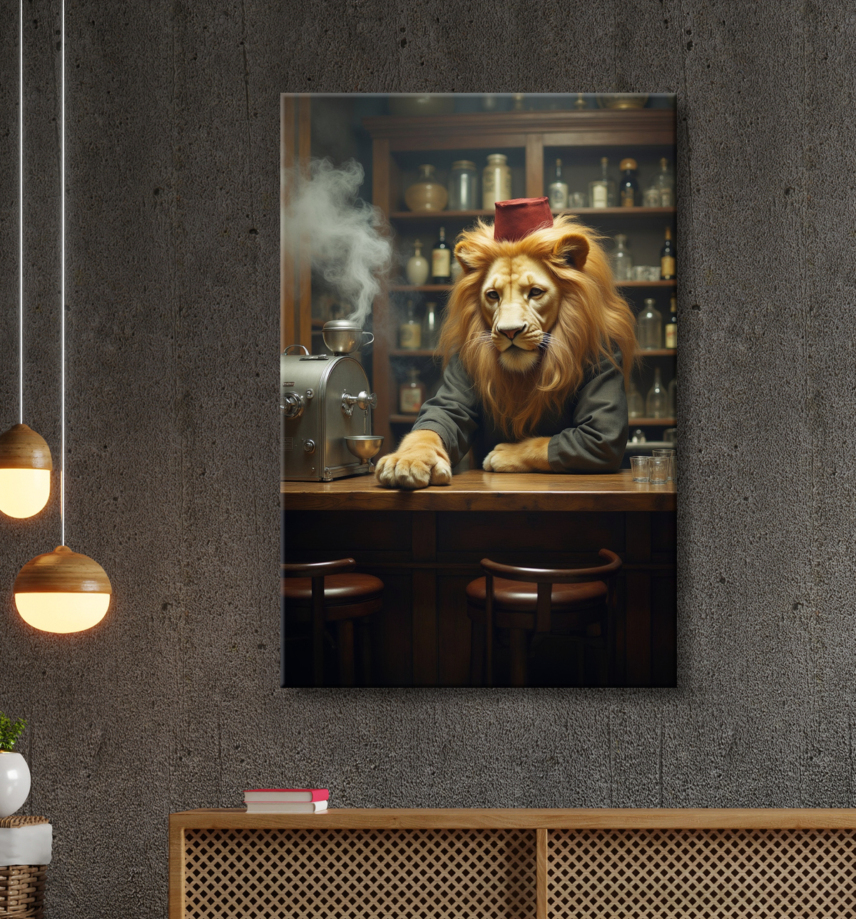 Tableau lion serveur vintage - Animal anthropomorphe chic dans un bar rétro avec decor