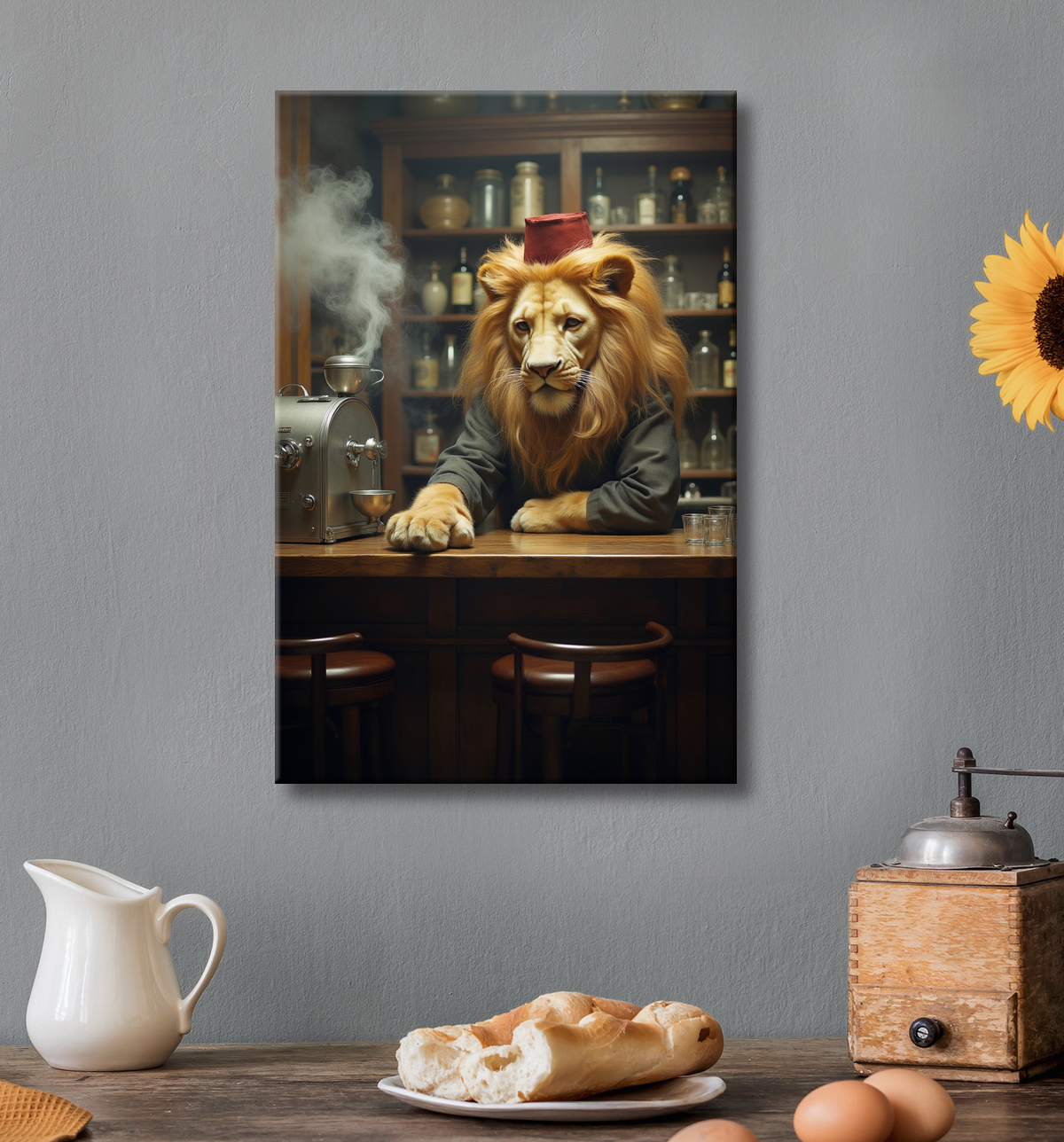 Tableau lion serveur vintage - Animal anthropomorphe chic dans un bar rétro avec decor