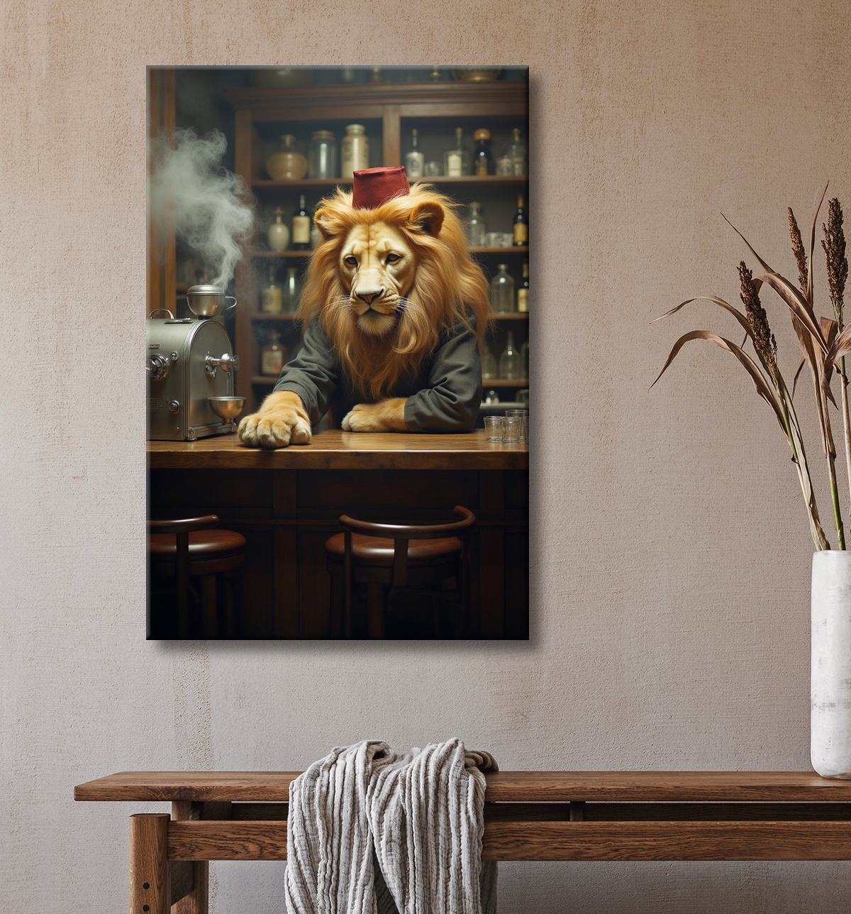 Tableau lion serveur vintage - Animal anthropomorphe chic dans un bar rétro avec decor