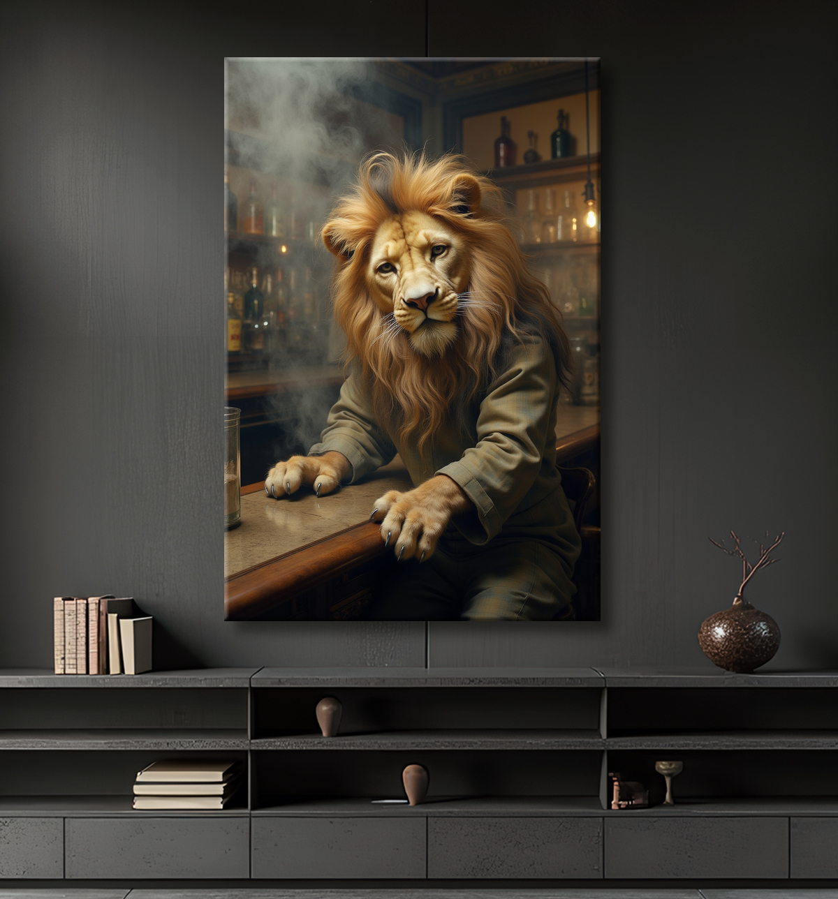 Tableau lion serveur vintage - Animal anthropomorphe chic dans un bar rétro avec decor