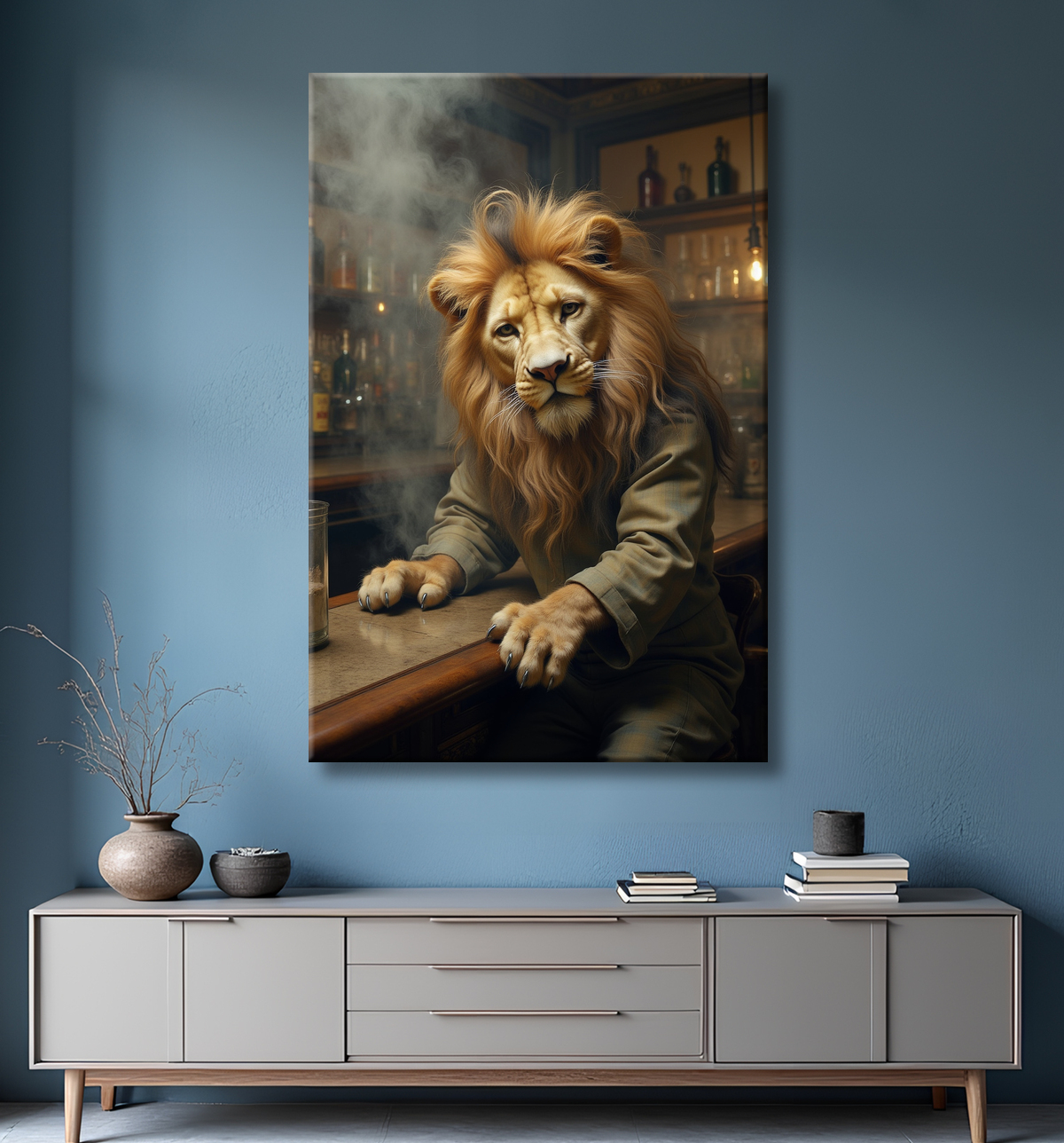 Tableau lion serveur vintage - Animal anthropomorphe chic dans un bar rétro avec decor