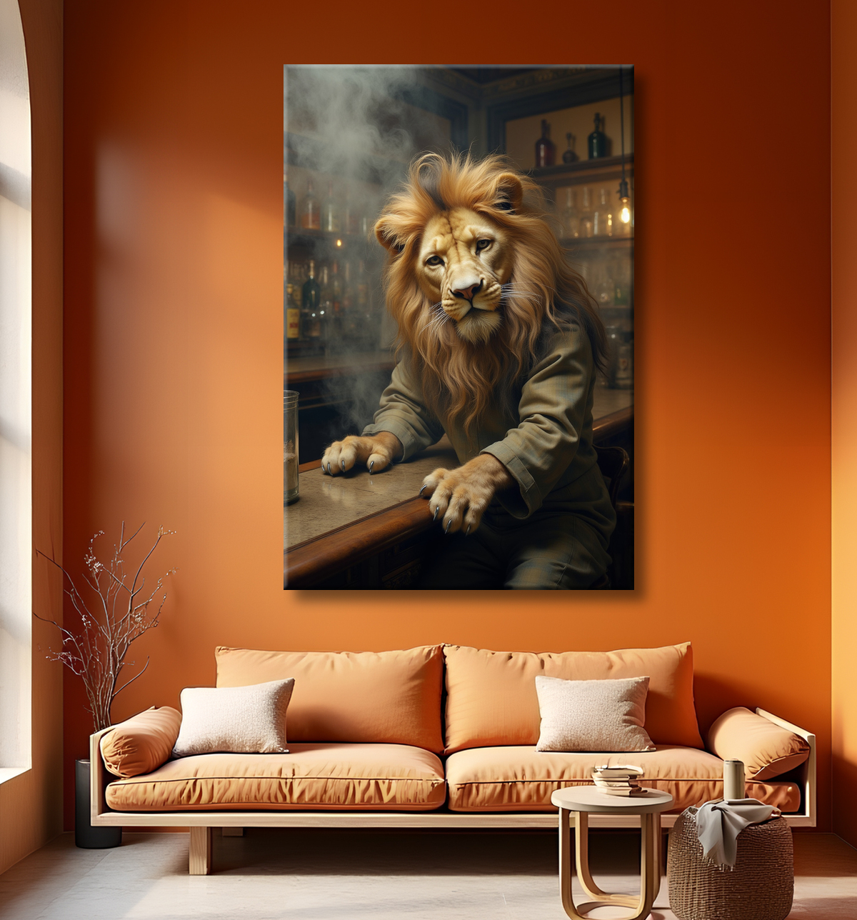 Tableau lion serveur vintage - Animal anthropomorphe chic dans un bar rétro avec decor