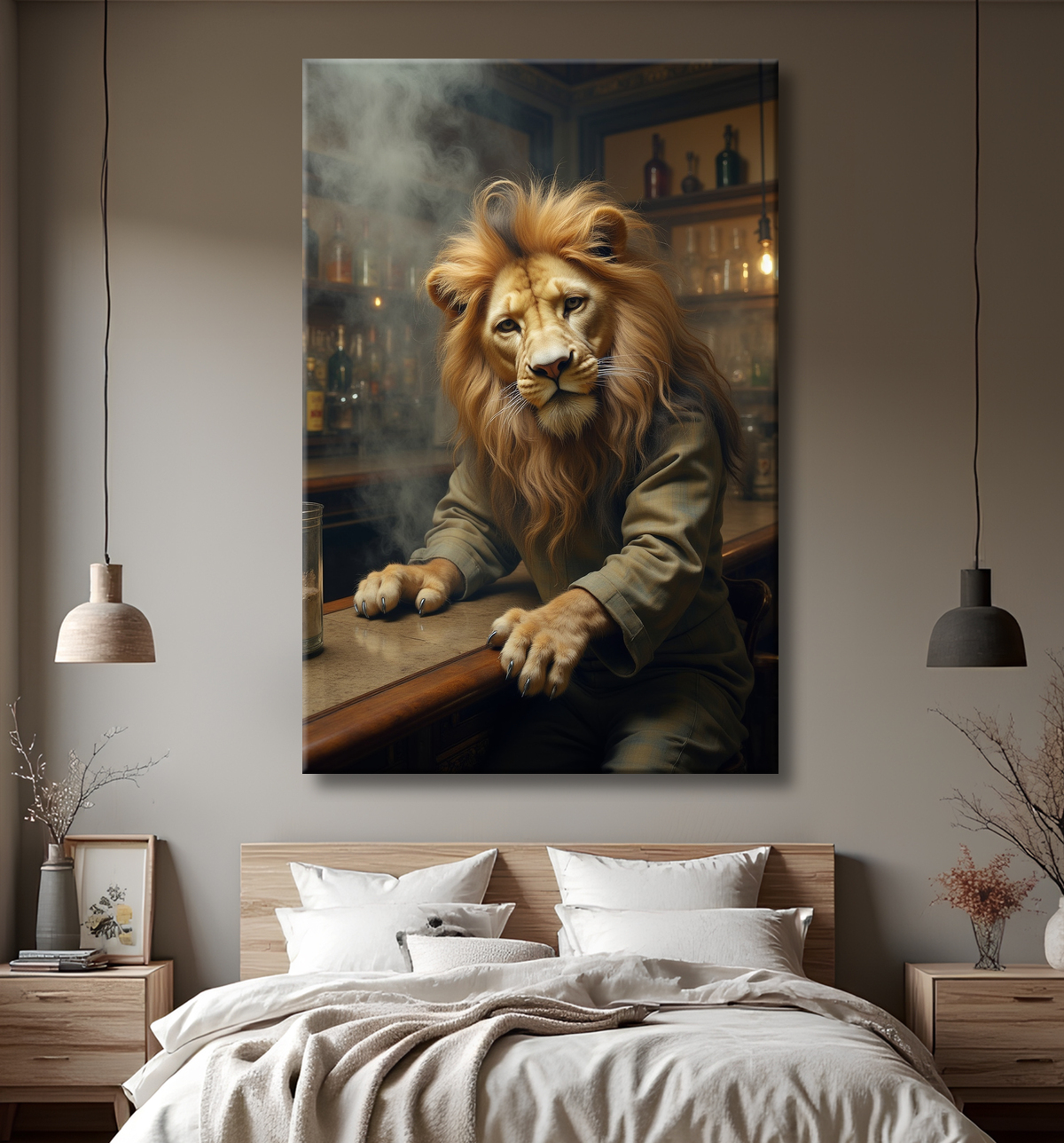 Tableau lion serveur vintage - Animal anthropomorphe chic dans un bar rétro avec decor