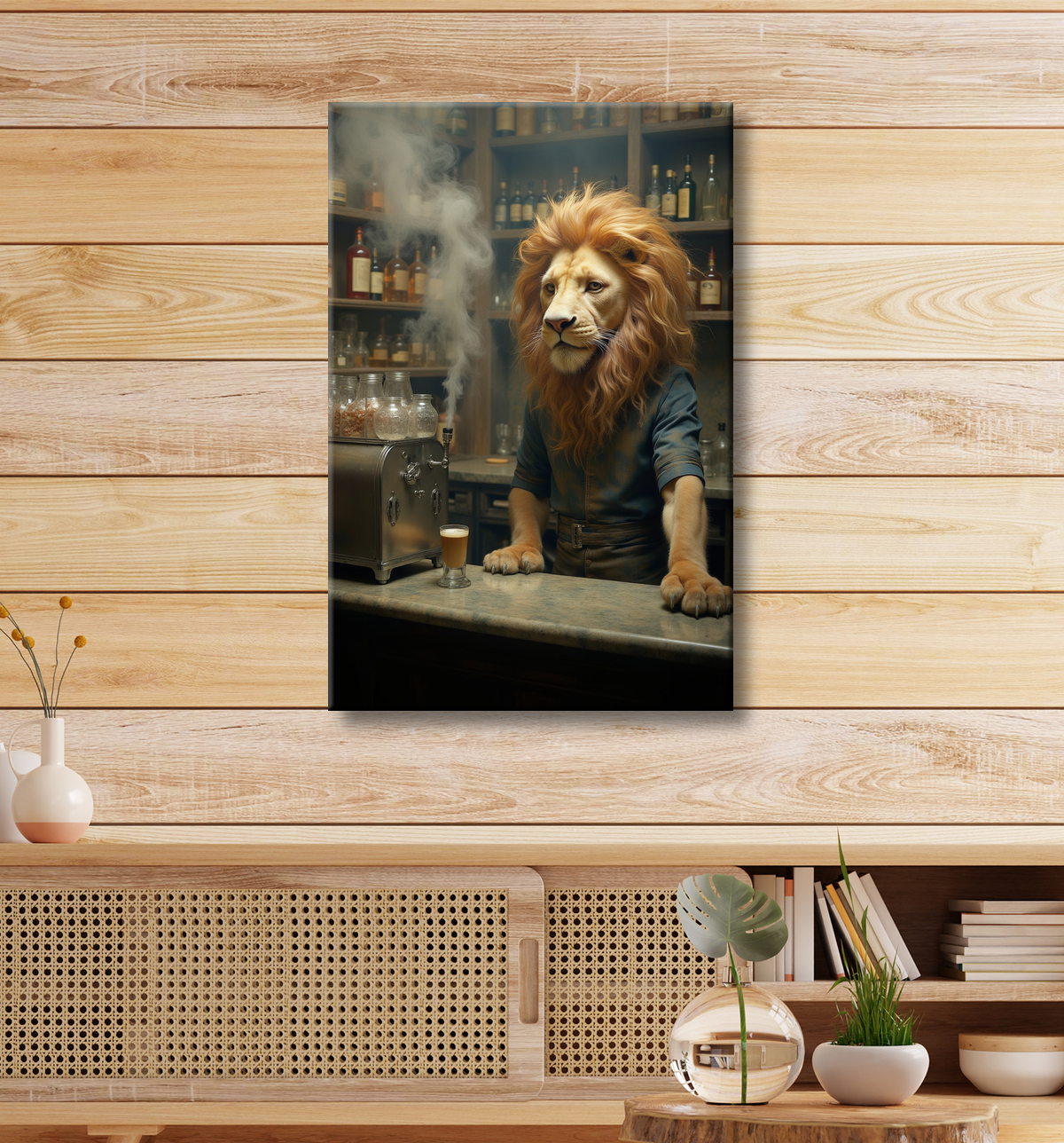 Tableau lion serveur vintage - Animal anthropomorphe chic dans un bar rétro avec decor