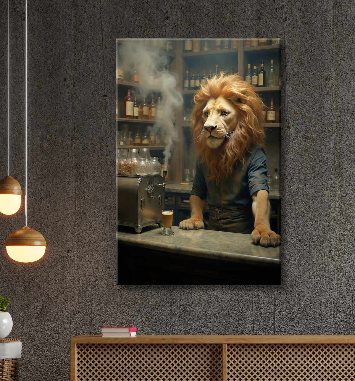 Tableau lion serveur vintage - Animal anthropomorphe chic dans un bar rétro avec decor