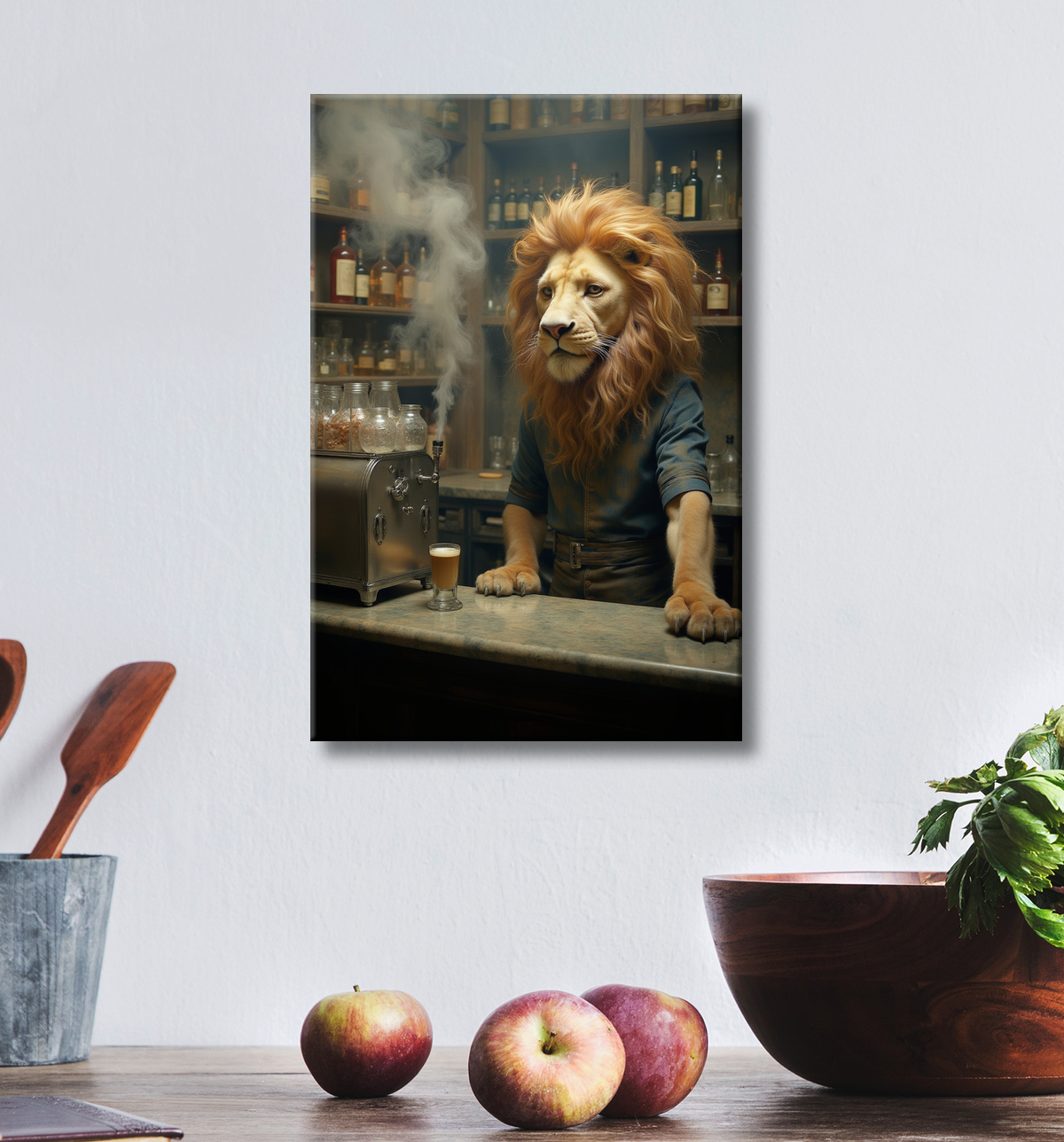 Tableau lion serveur vintage - Animal anthropomorphe chic dans un bar rétro avec decor