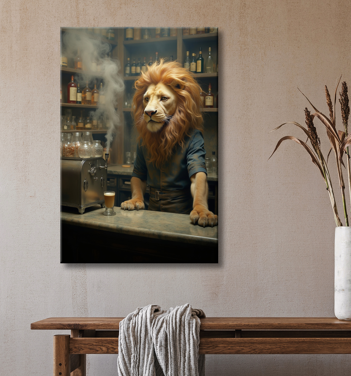 Tableau lion serveur vintage - Animal anthropomorphe chic dans un bar rétro avec decor
