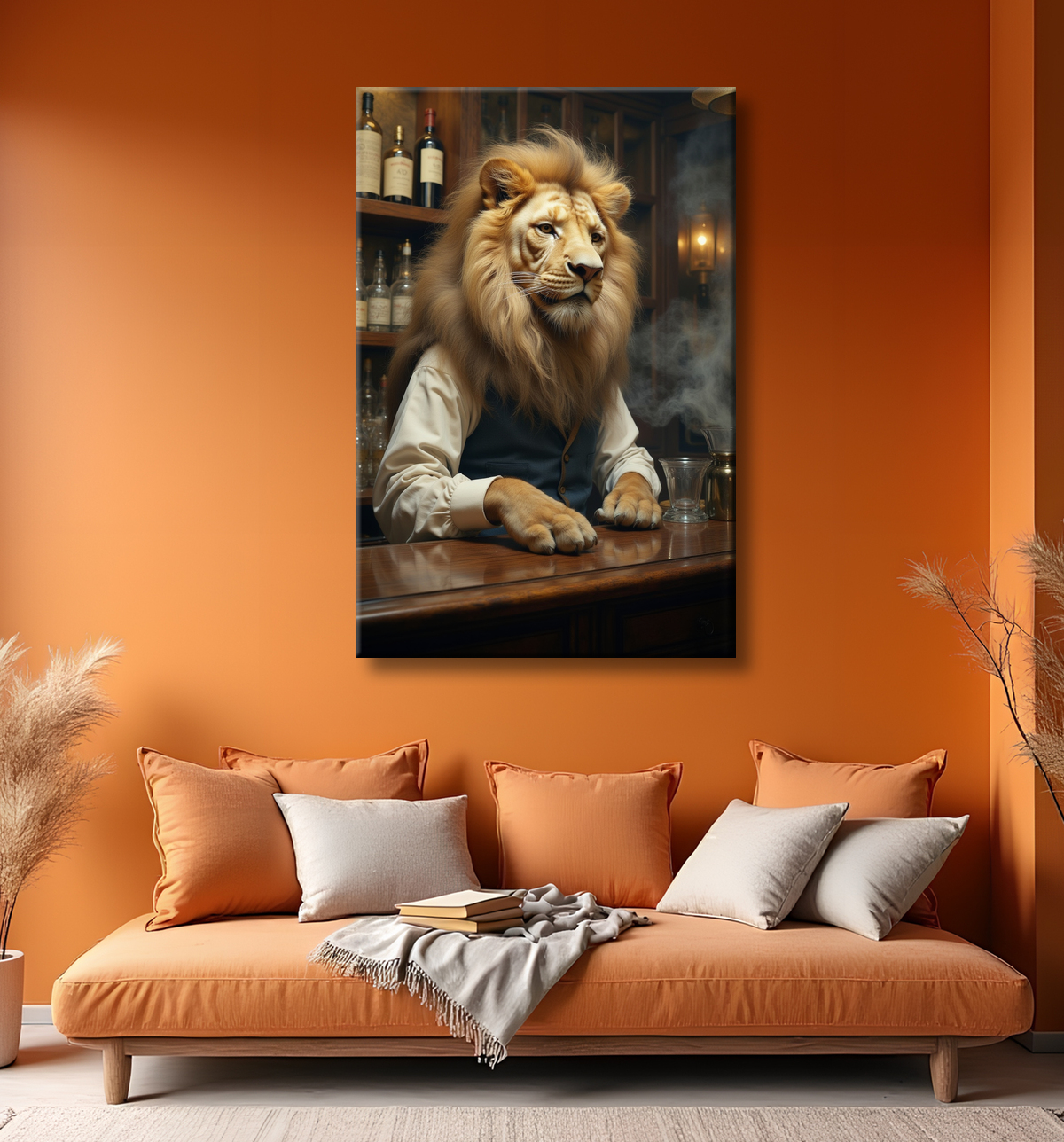 Tableau lion serveur vintage - Animal anthropomorphe chic dans un bar rétro avec decor