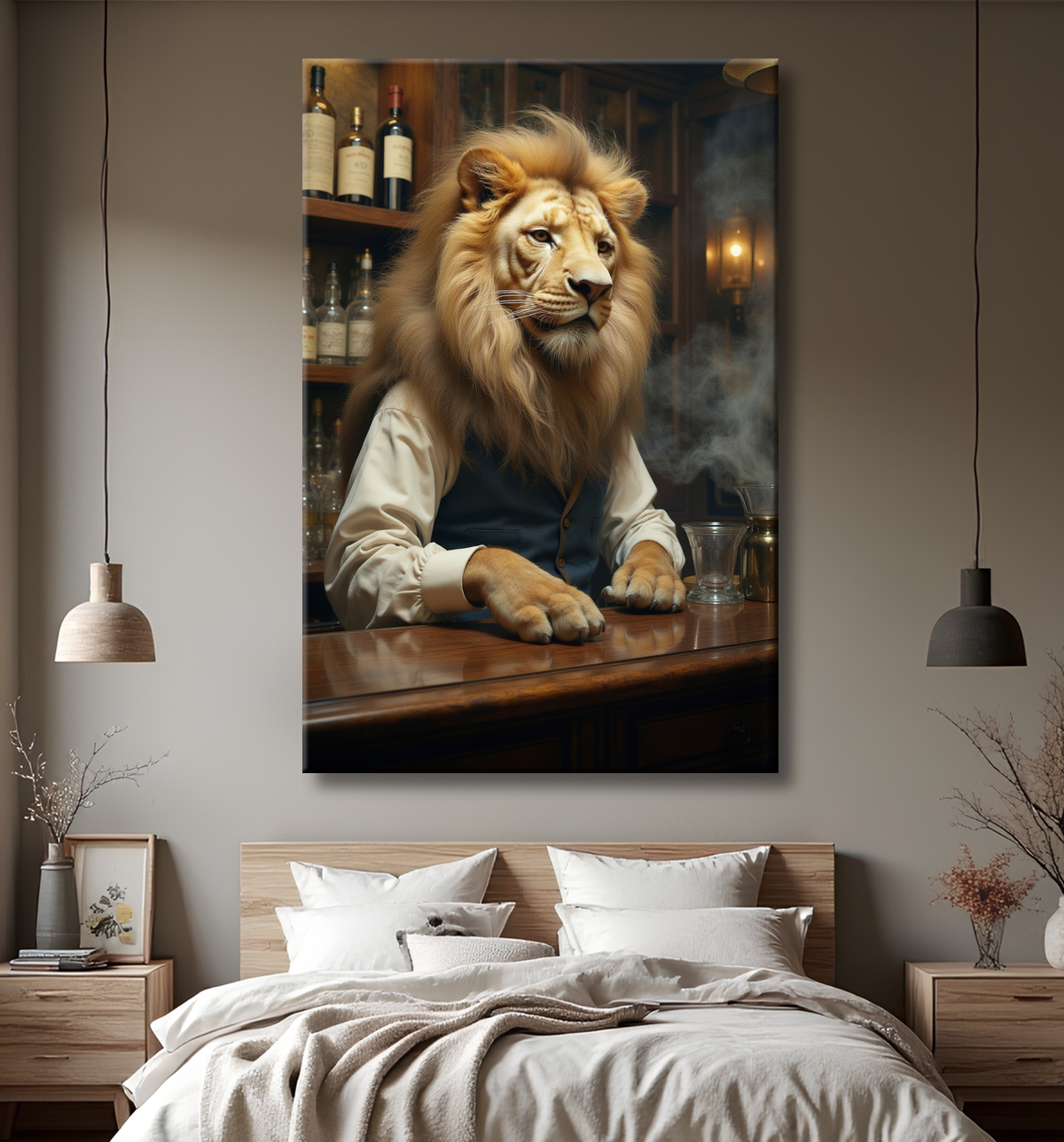 Tableau lion serveur vintage - Animal anthropomorphe chic dans un bar rétro avec decor