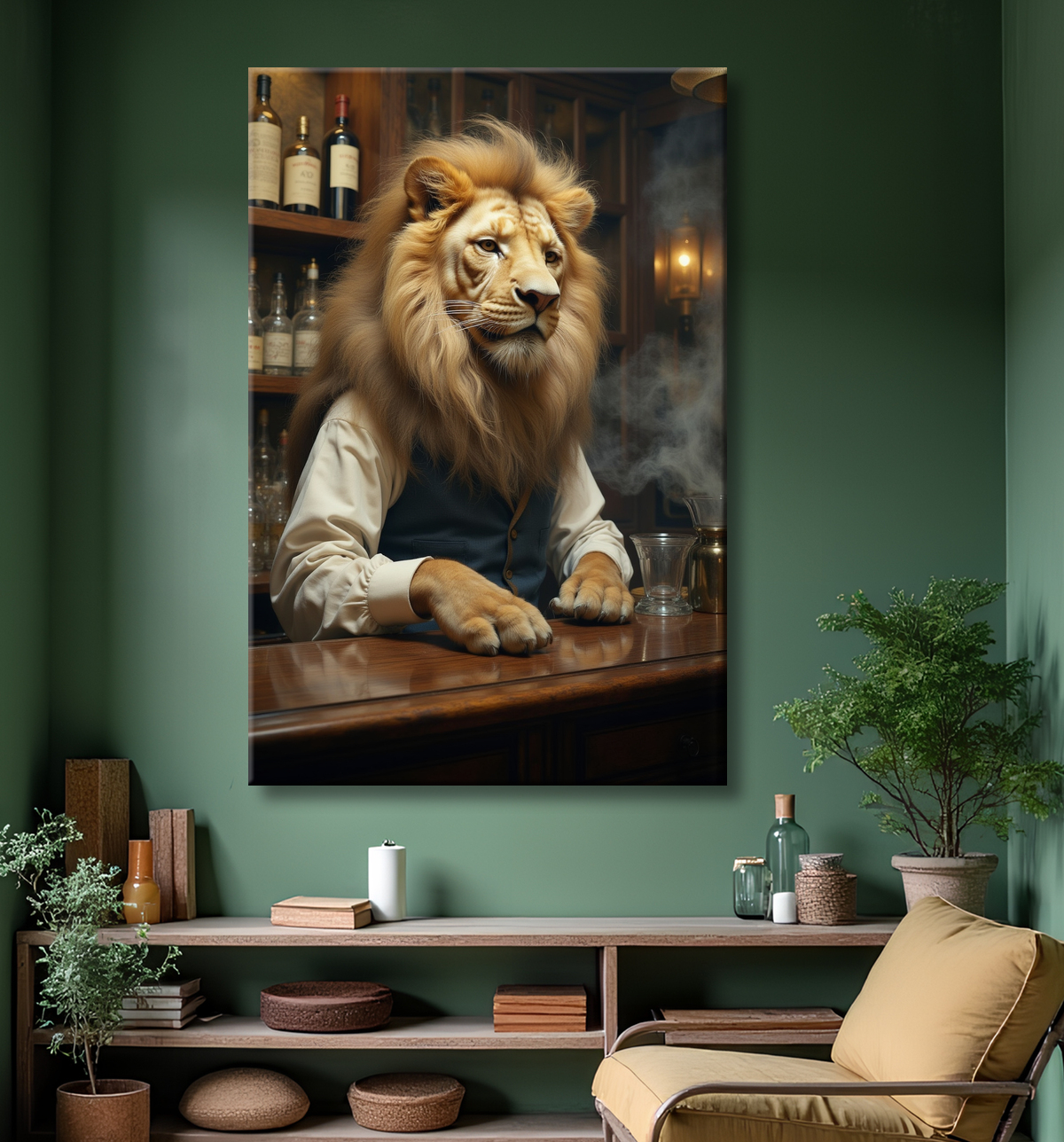 Tableau lion serveur vintage - Animal anthropomorphe chic dans un bar rétro avec decor