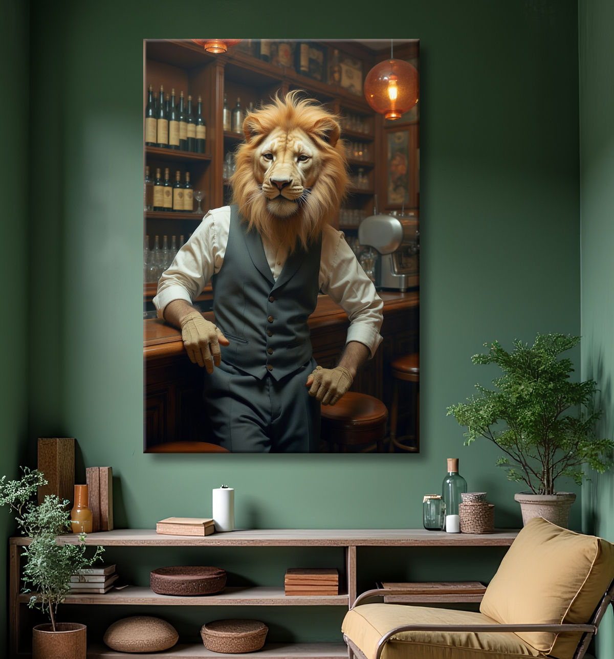 Tableau lion serveur vintage - Animal anthropomorphe chic dans un bar rétro avec decor