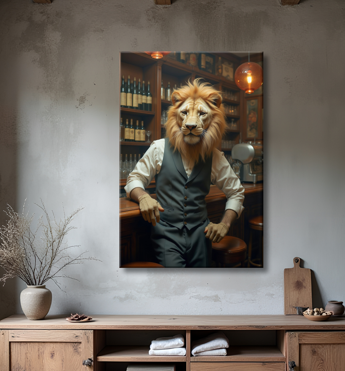 Tableau lion serveur vintage - Animal anthropomorphe chic dans un bar rétro avec decor