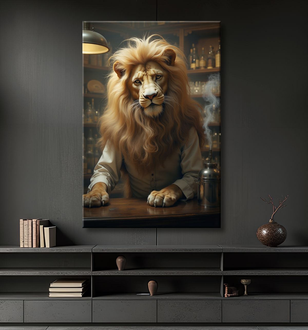 Tableau lion serveur vintage - Animal anthropomorphe chic dans un bar rétro avec decor
