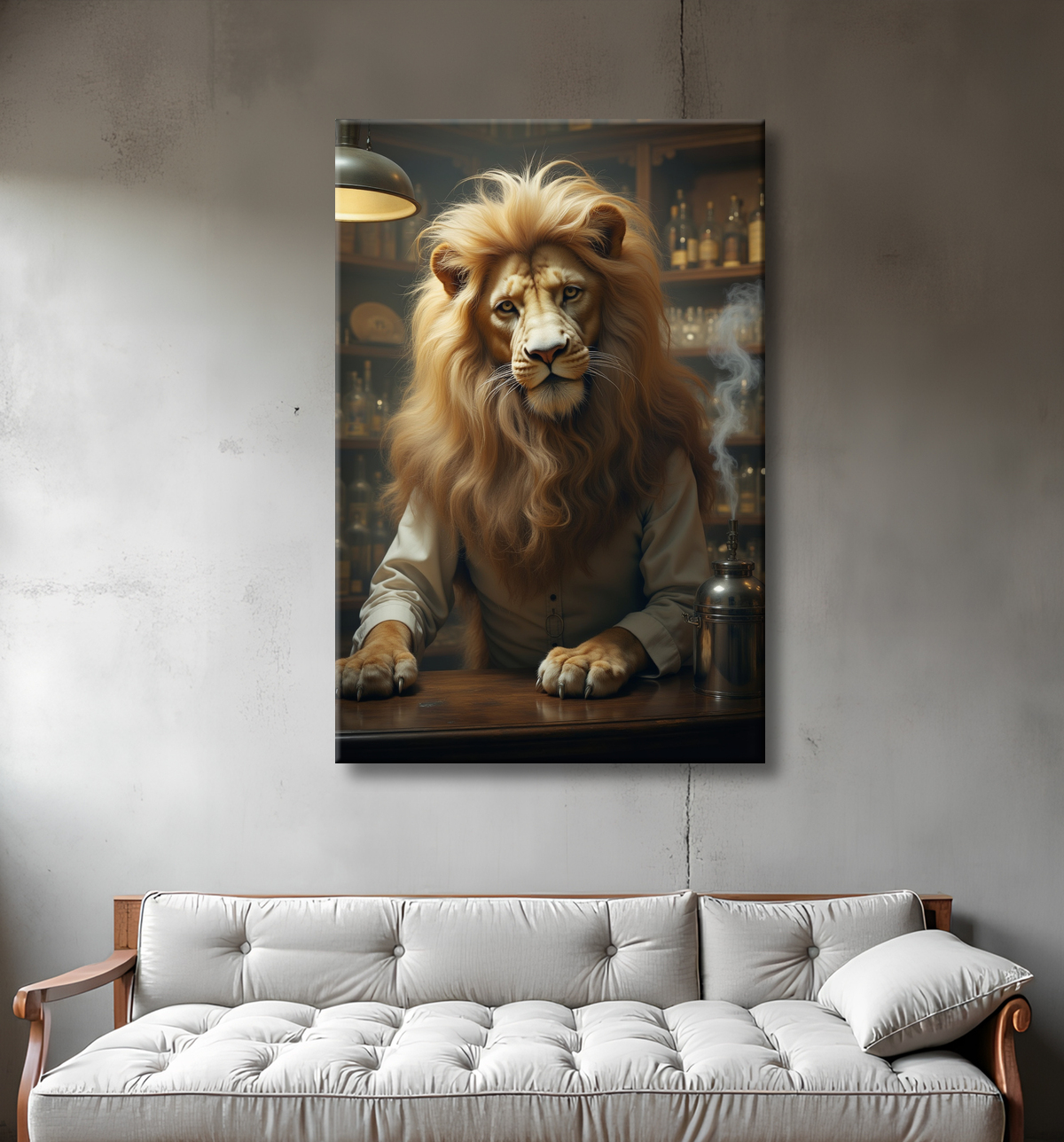 Tableau lion serveur vintage - Animal anthropomorphe chic dans un bar rétro avec decor
