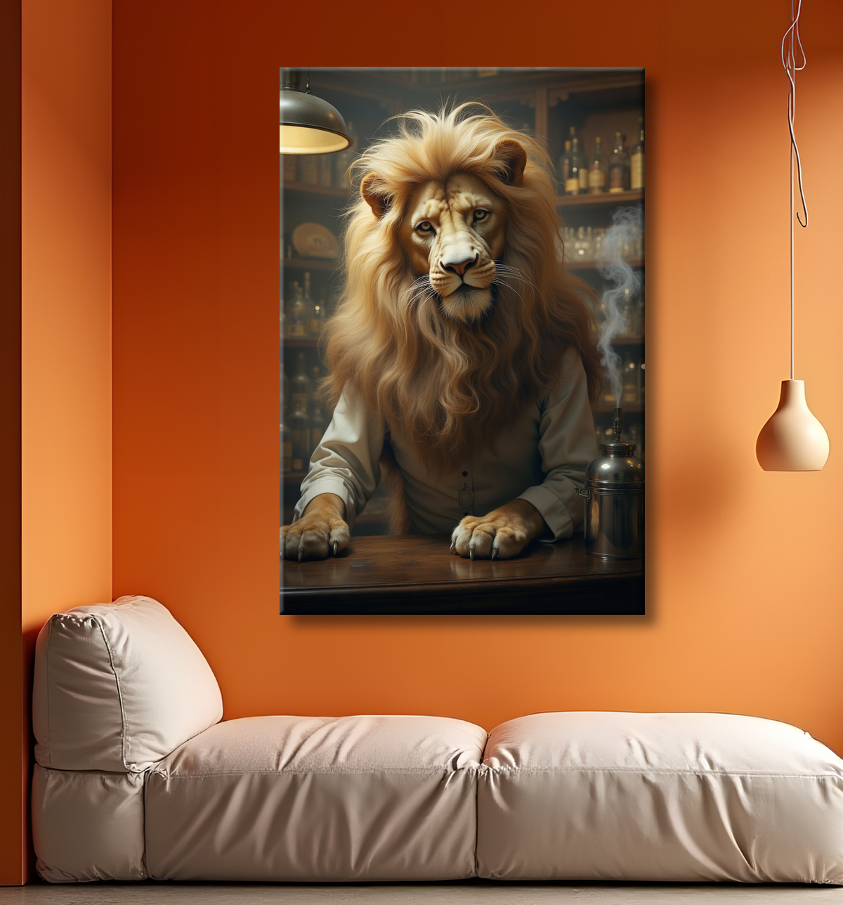 Tableau lion serveur vintage - Animal anthropomorphe chic dans un bar rétro avec decor