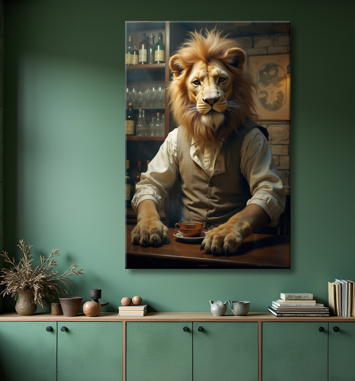 Tableau lion serveur vintage - Animal anthropomorphe chic dans un bar rétro avec decor