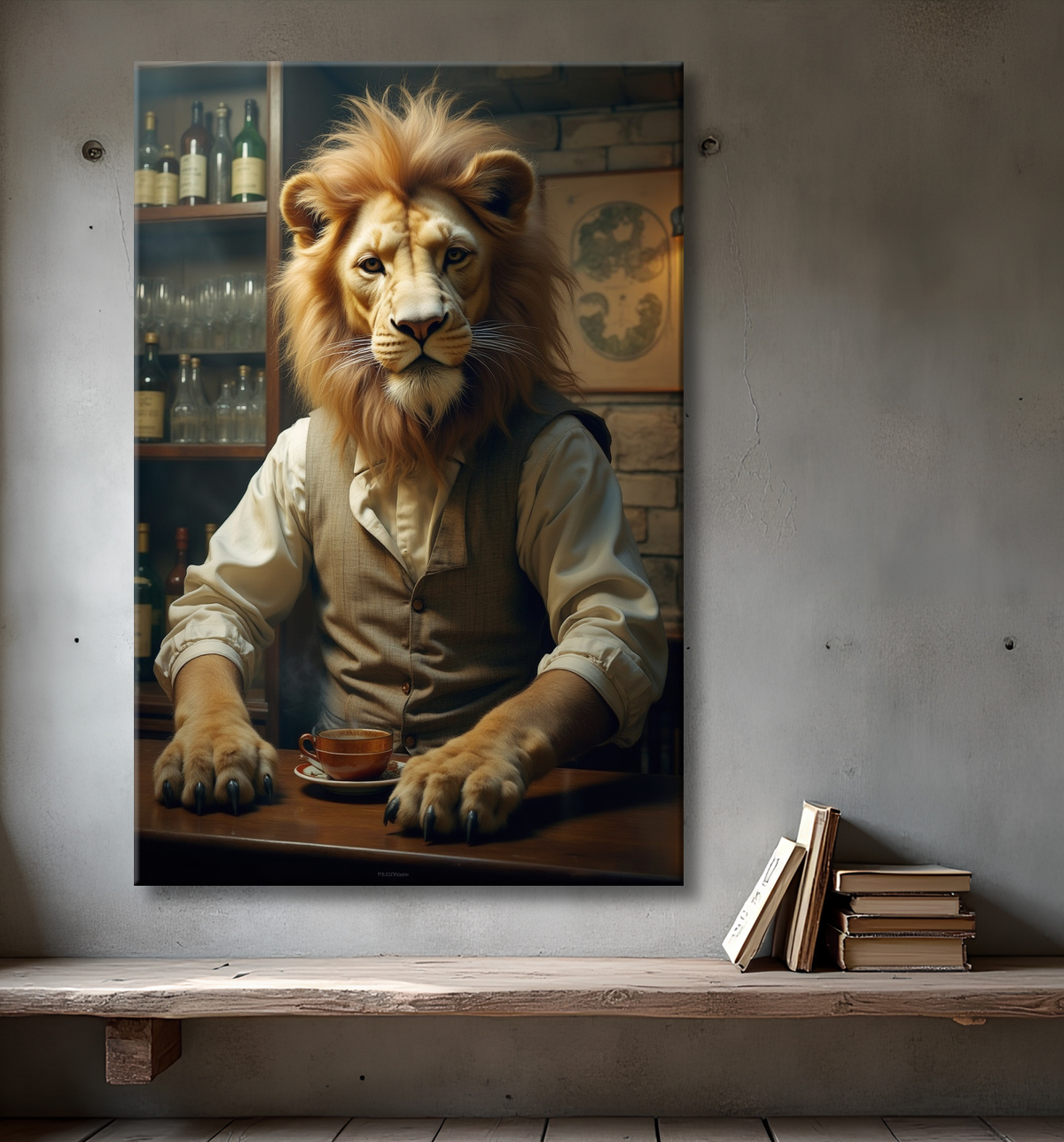 Tableau lion serveur vintage - Animal anthropomorphe chic dans un bar rétro avec decor