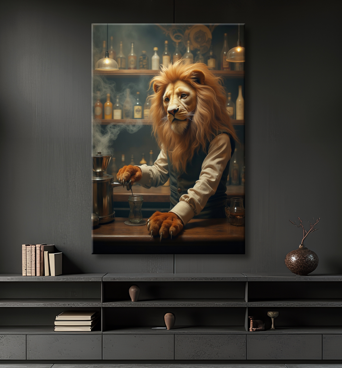Tableau lion serveur vintage - Animal anthropomorphe chic dans un bar rétro avec decor
