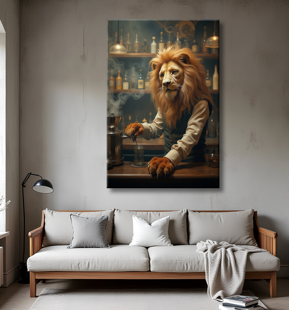 Tableau lion serveur vintage - Animal anthropomorphe chic dans un bar rétro avec decor