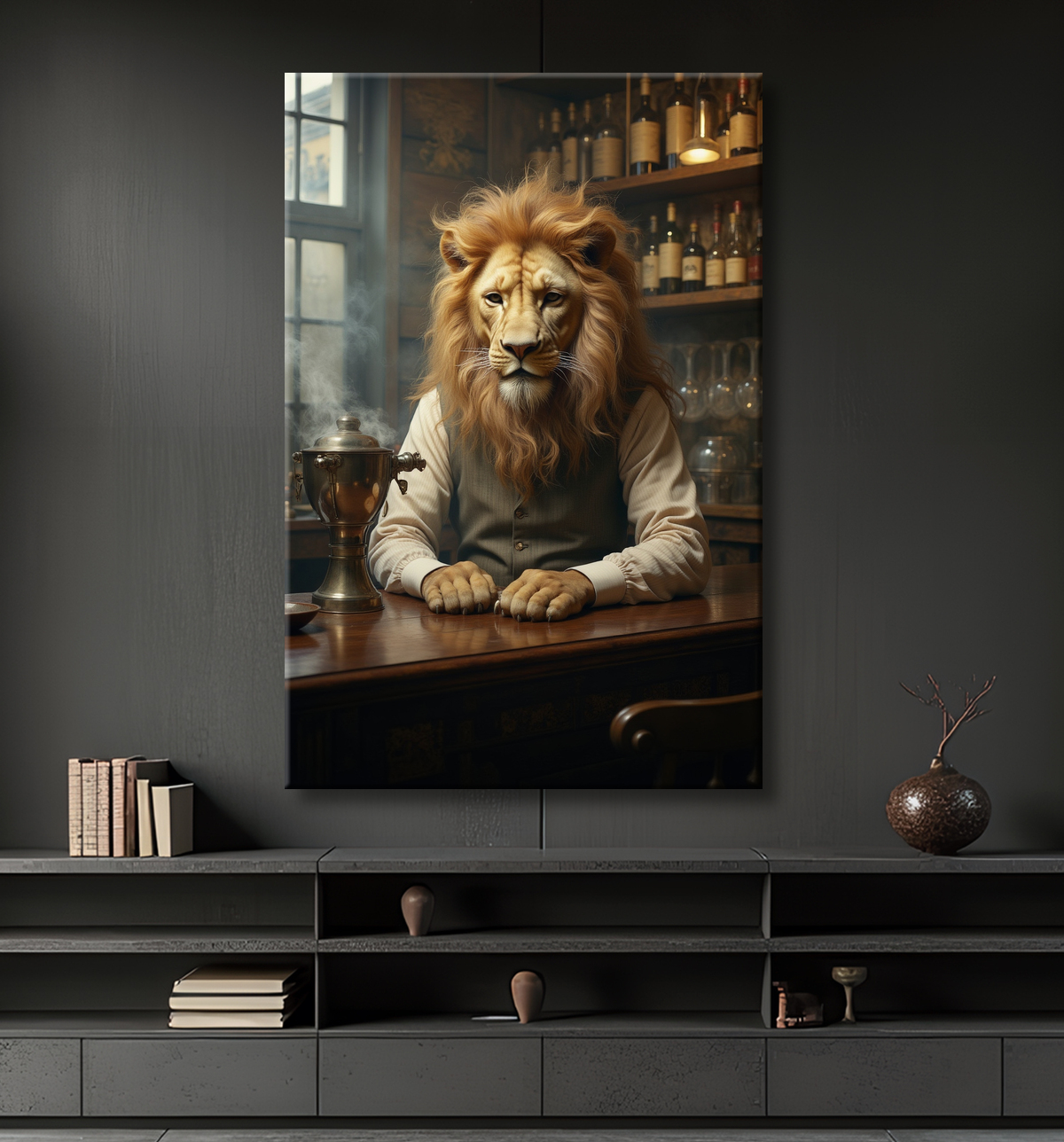 Tableau lion serveur vintage - Animal anthropomorphe chic dans un bar rétro avec decor