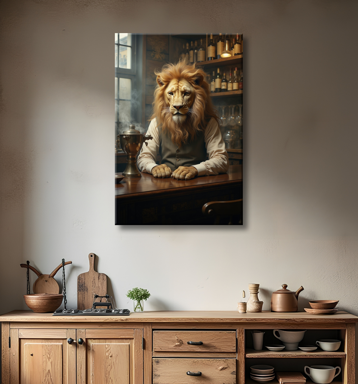 Tableau lion serveur vintage - Animal anthropomorphe chic dans un bar rétro avec decor